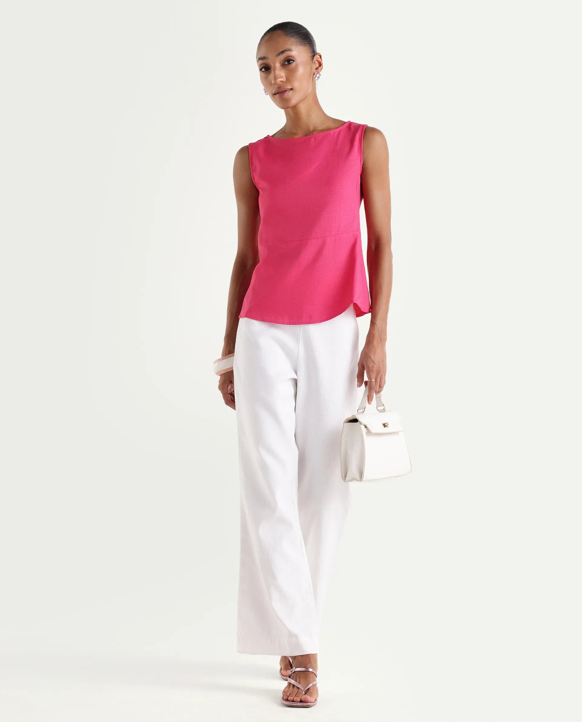 Rareism Women's Velan Pink Polyester Sleeveless Boat Neck Regular Top