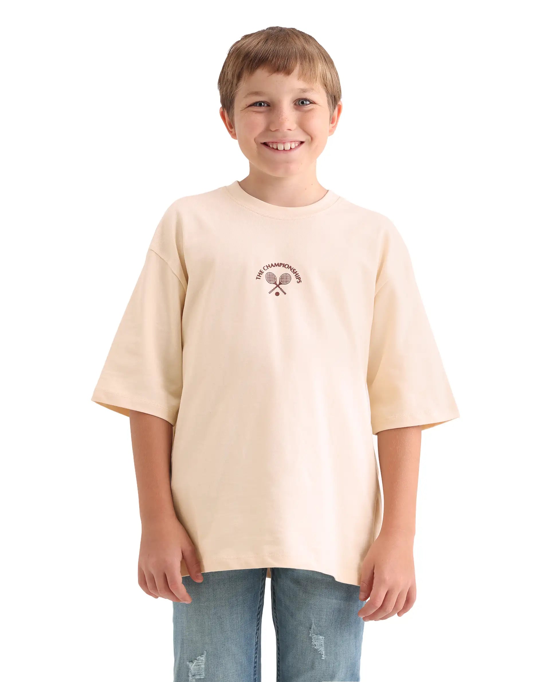 Rare Ones Kids Alca Light Beige Cotton Pull-On Closure Hd Print Oversized Fit T-Shirt
