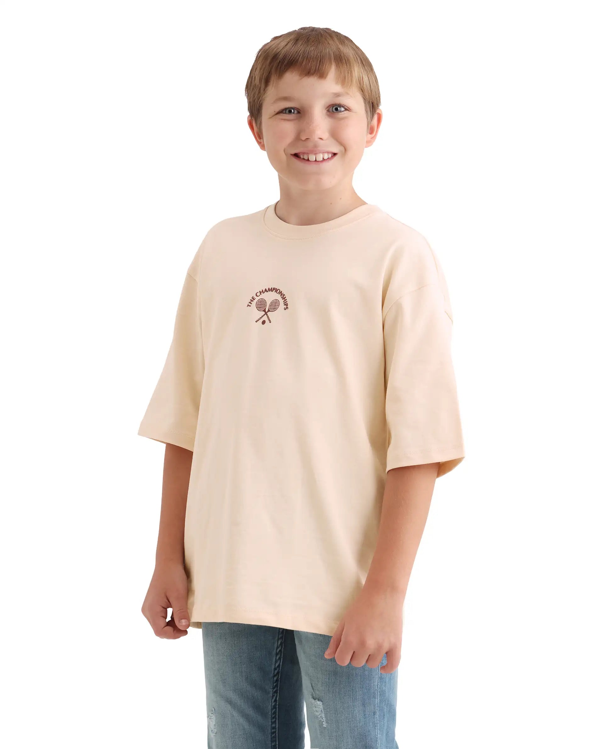 Rare Ones Kids Alca Light Beige Cotton Pull-On Closure Hd Print Oversized Fit T-Shirt