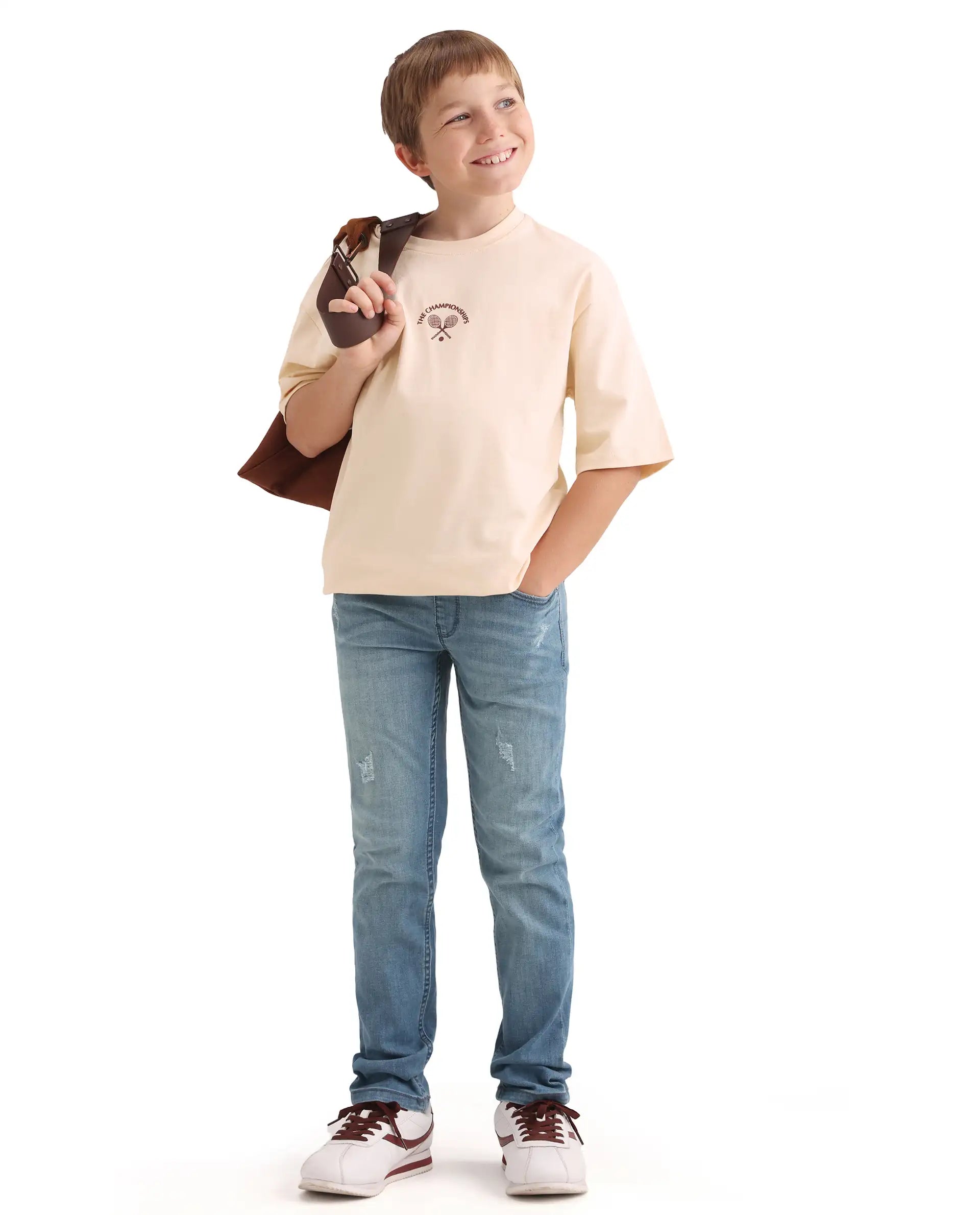 Rare Ones Kids Alca Light Beige Cotton Pull-On Closure Hd Print Oversized Fit T-Shirt