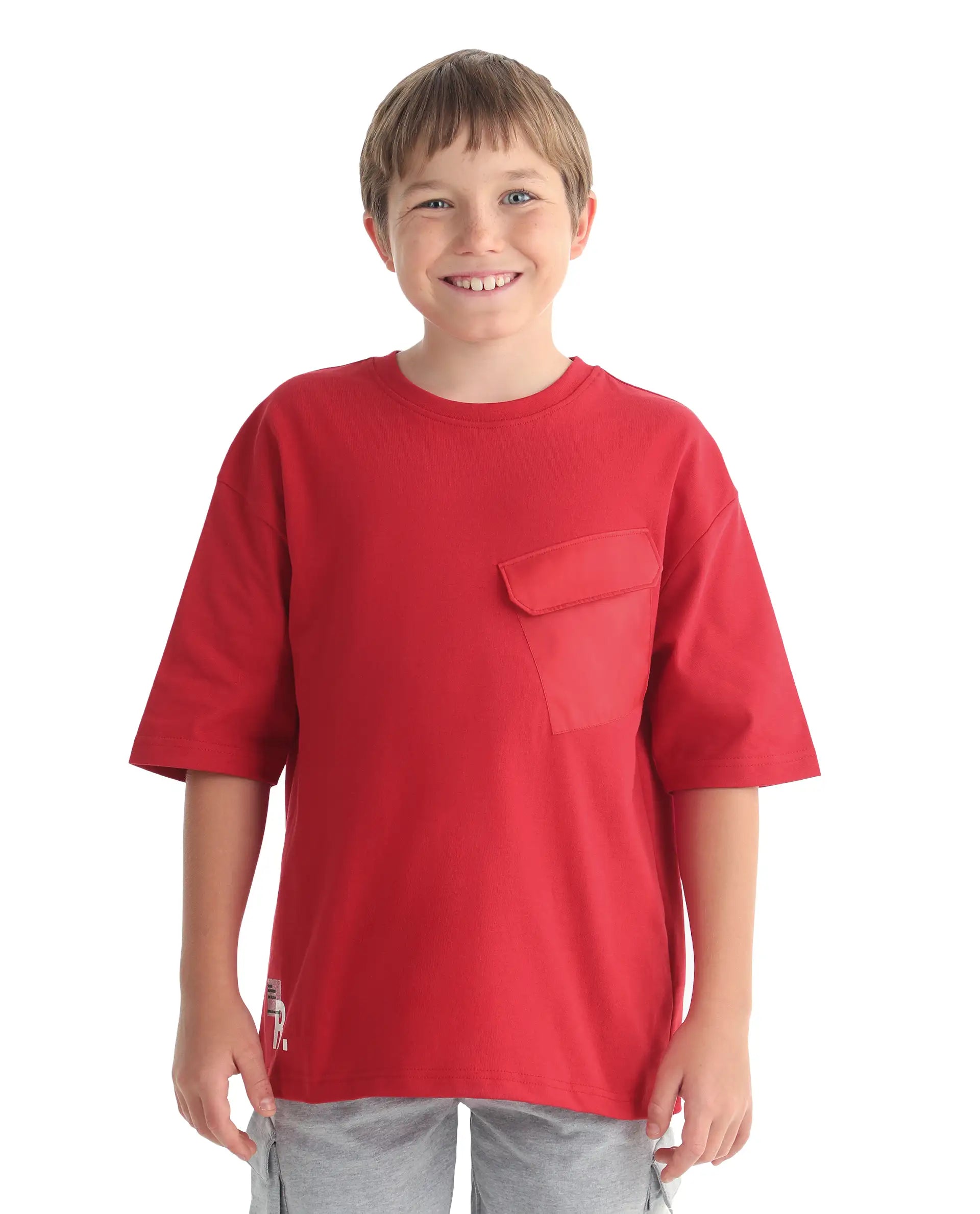 Rare Ones Kids Portz-26 Red Cotton Fabric Pull-On Closure Pigment Print Boxy Fit T-Shirt