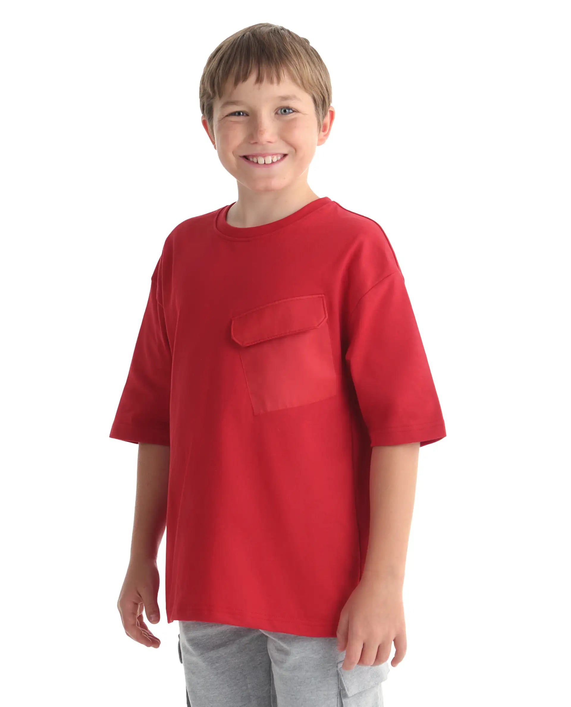 Rare Ones Kids Portz-26 Red Cotton Fabric Pull-On Closure Pigment Print Boxy Fit T-Shirt