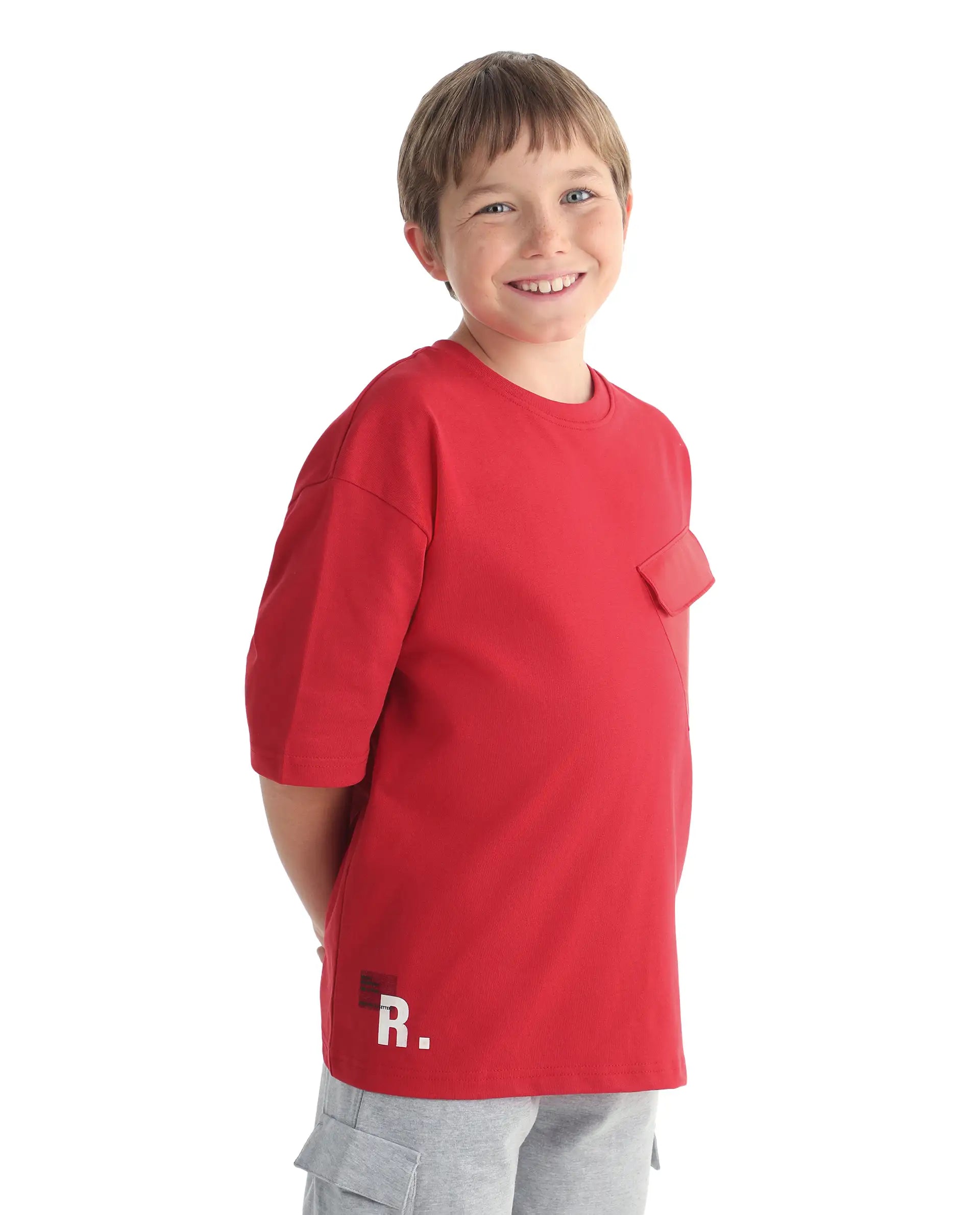 Rare Ones Kids Portz-26 Red Cotton Fabric Pull-On Closure Pigment Print Boxy Fit T-Shirt