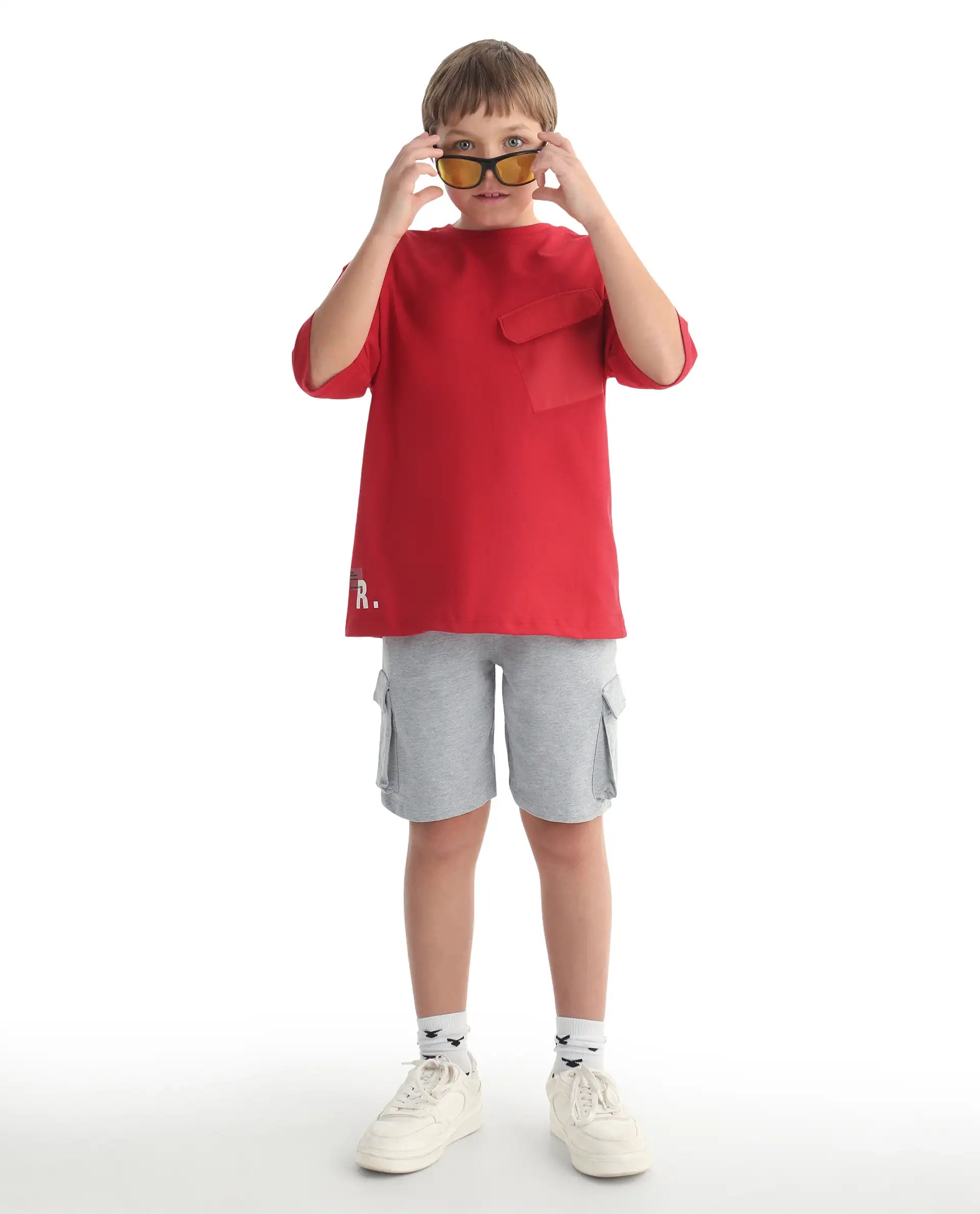 Rare Ones Kids Portz-26 Red Cotton Fabric Pull-On Closure Pigment Print Boxy Fit T-Shirt