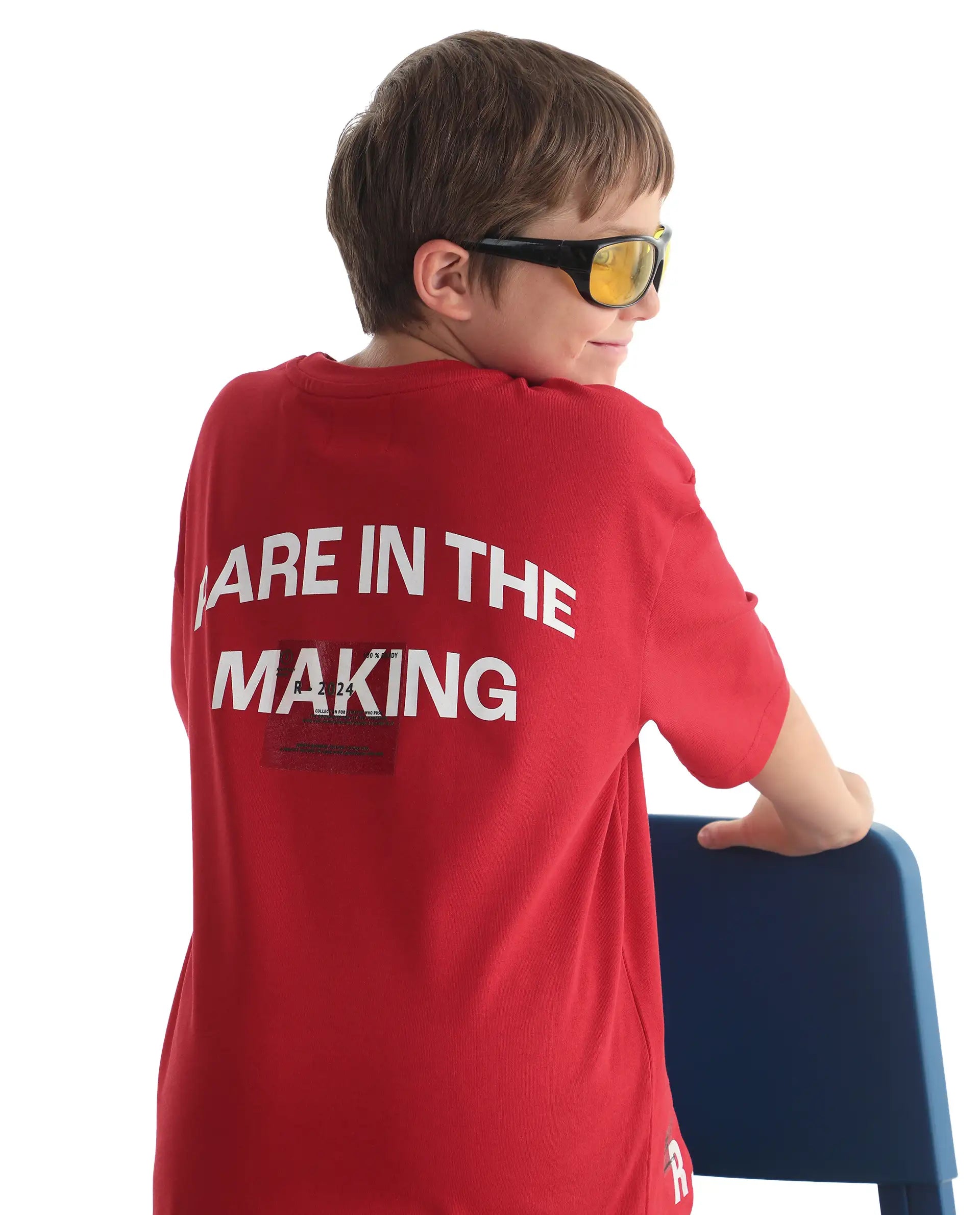 Rare Ones Kids Portz-26 Red Cotton Fabric Pull-On Closure Pigment Print Boxy Fit T-Shirt