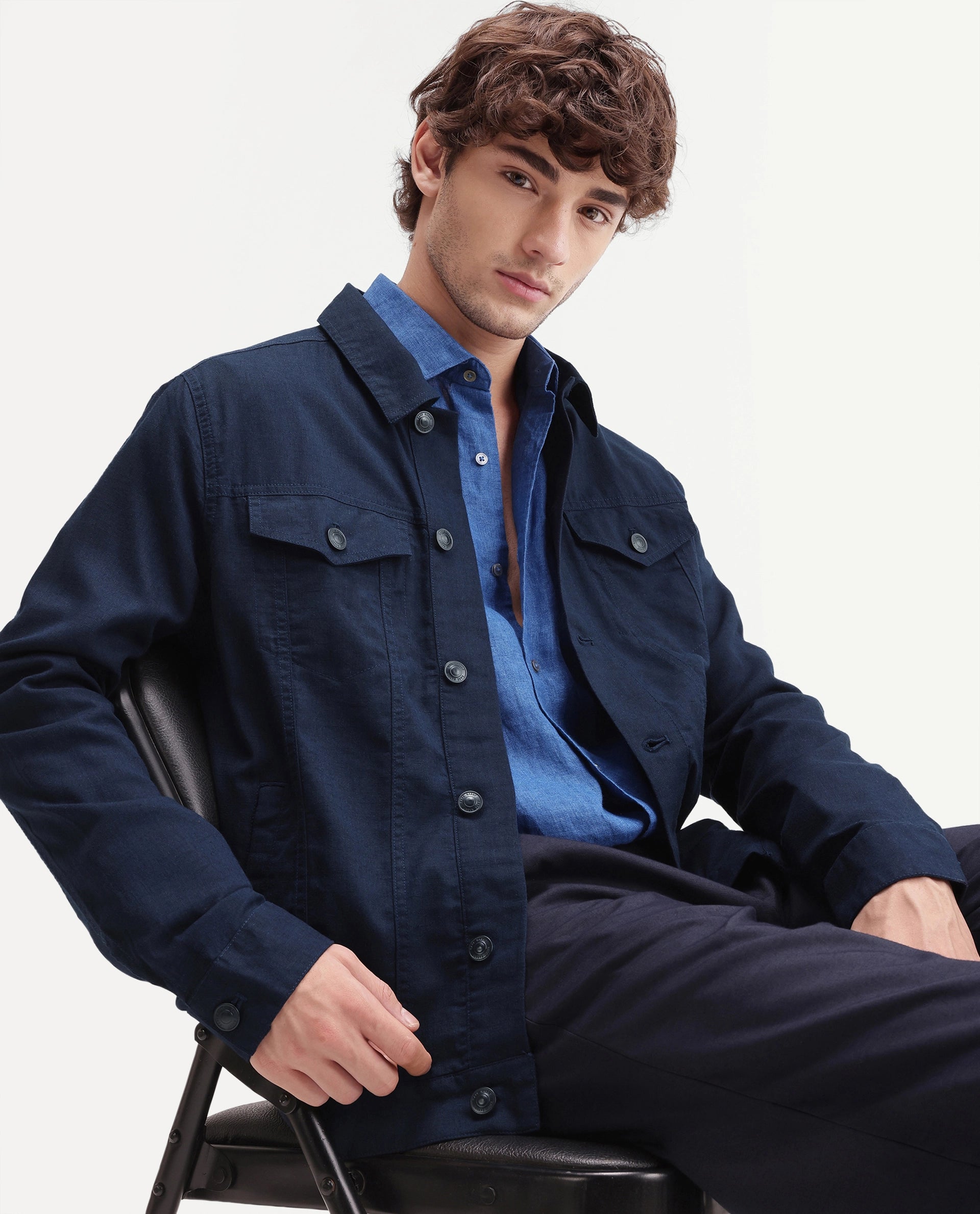Rare Rabbit Men's Azove-T Navy Cotton Blend Fabric Regular Fit Plain Shacket