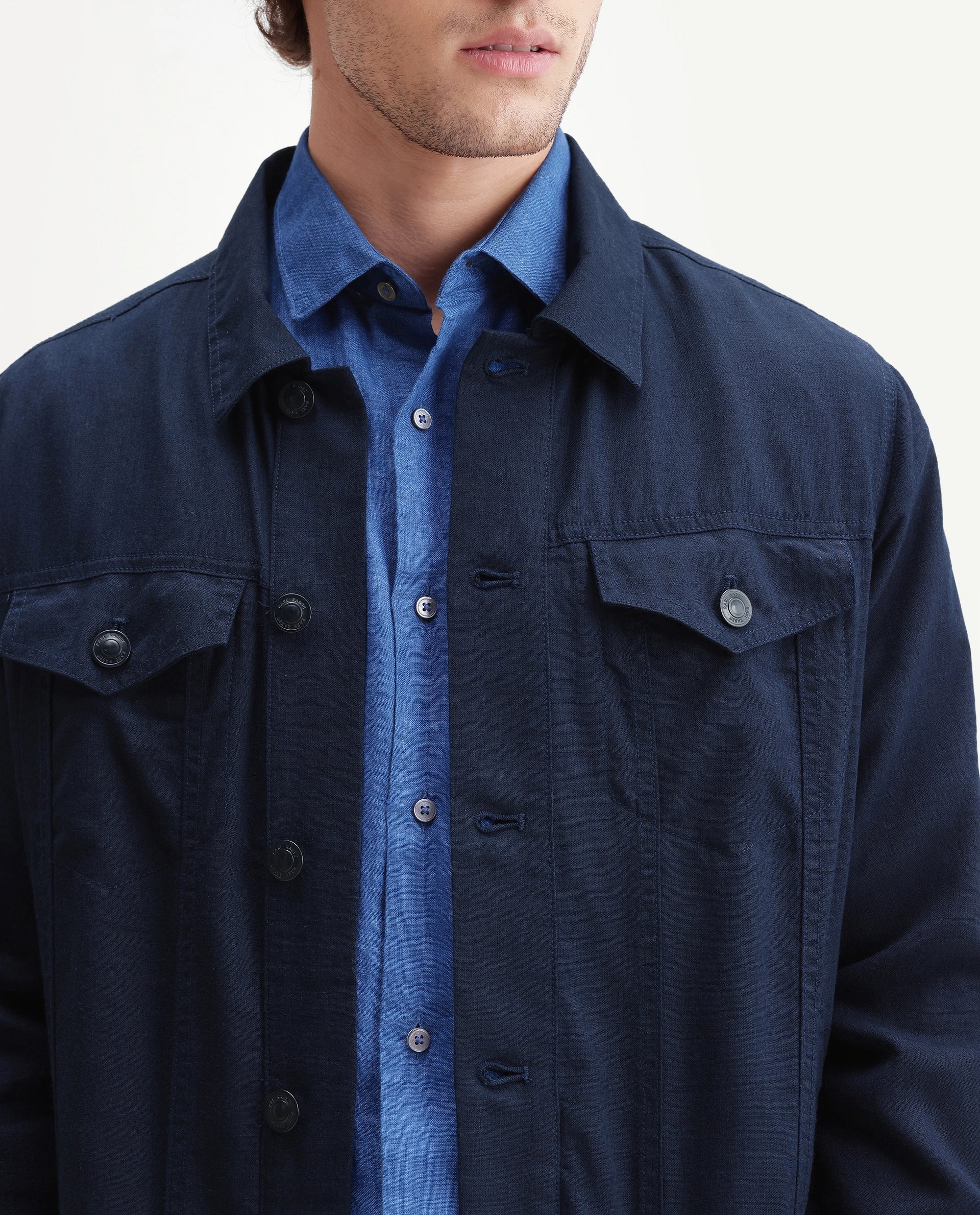 Rare Rabbit Men's Azove-T Navy Cotton Blend Fabric Regular Fit Plain Shacket