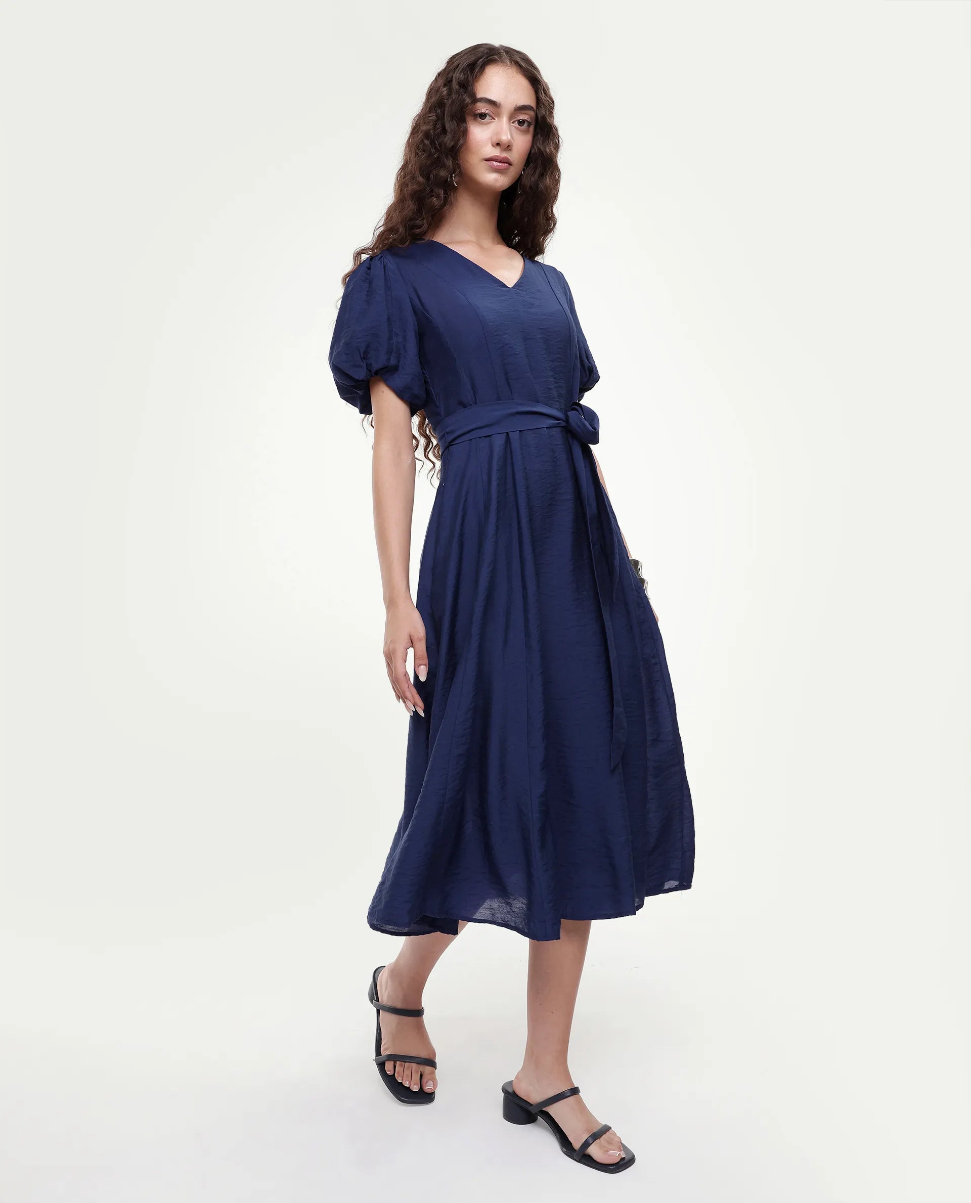 Rareism Women's Addvan Navy Half Sleeve V-Neck A-Line Plain Dress