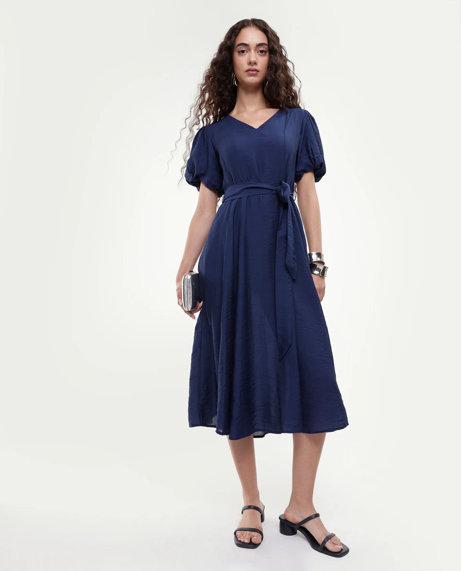 Rareism Women's Addvan Navy Half Sleeve V-Neck A-Line Plain Dress