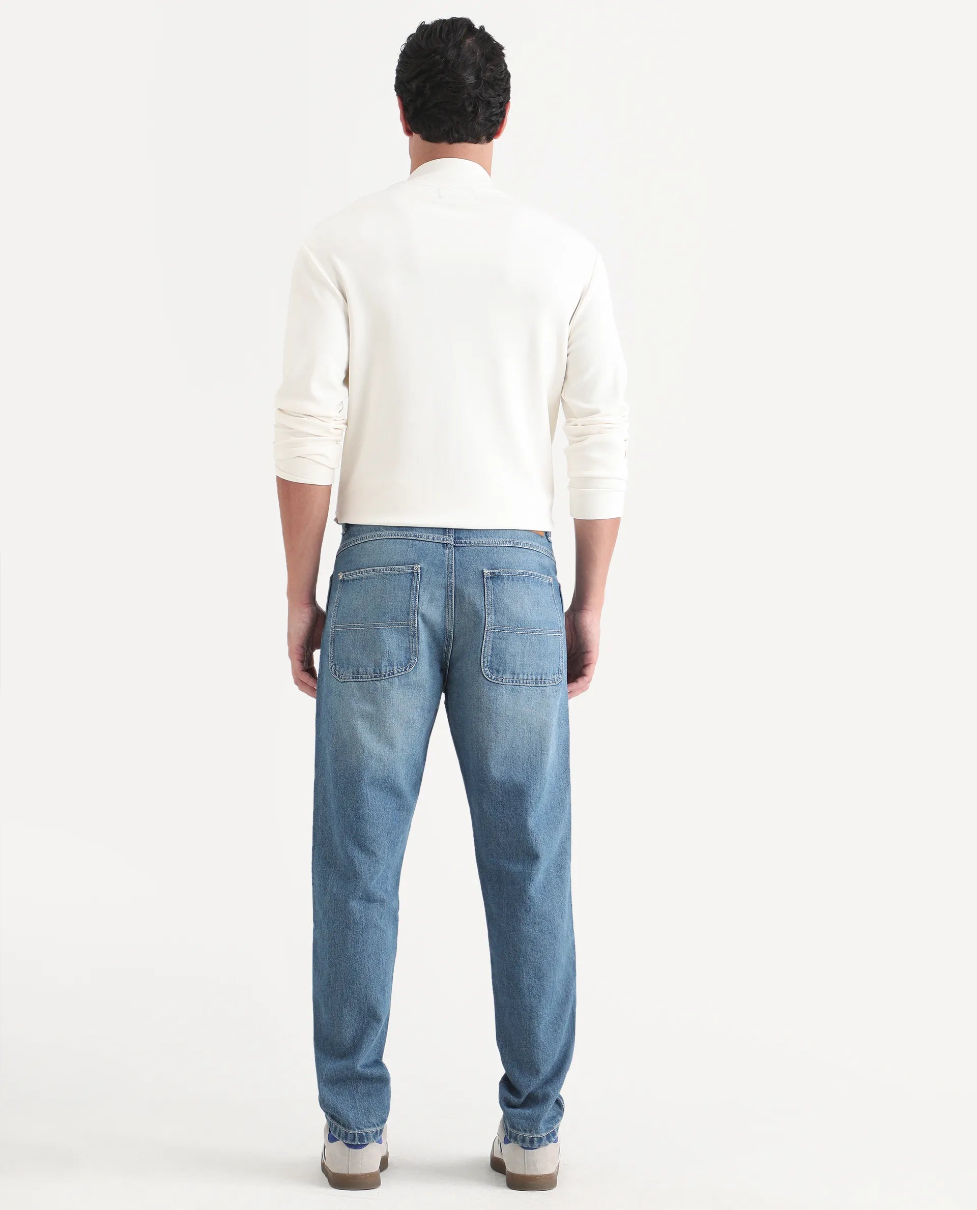 Rare Rabbit Men's Denis K Blue Cotton Blend Fabric Kurt Carrot Fit Plain Jeans