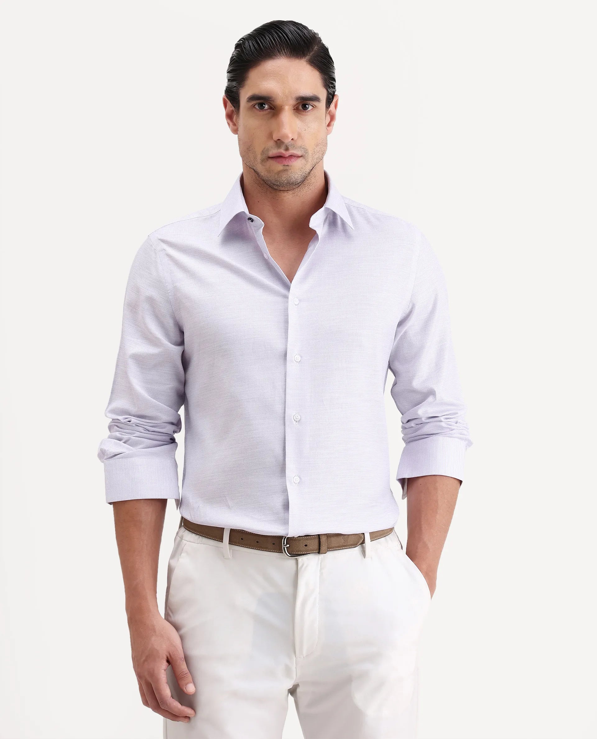 Rare Rabbit Men's Reef Light Purple Cotton Fabric Full Sleeve Spread Collar Button Regular Plain Shirt
