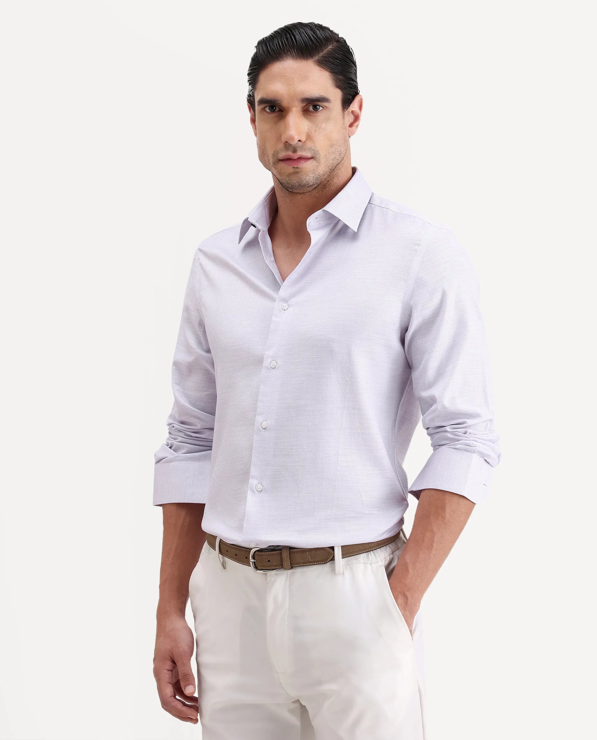 Rare Rabbit Men's Reef Light Purple Cotton Fabric Full Sleeve Spread Collar Button Regular Plain Shirt