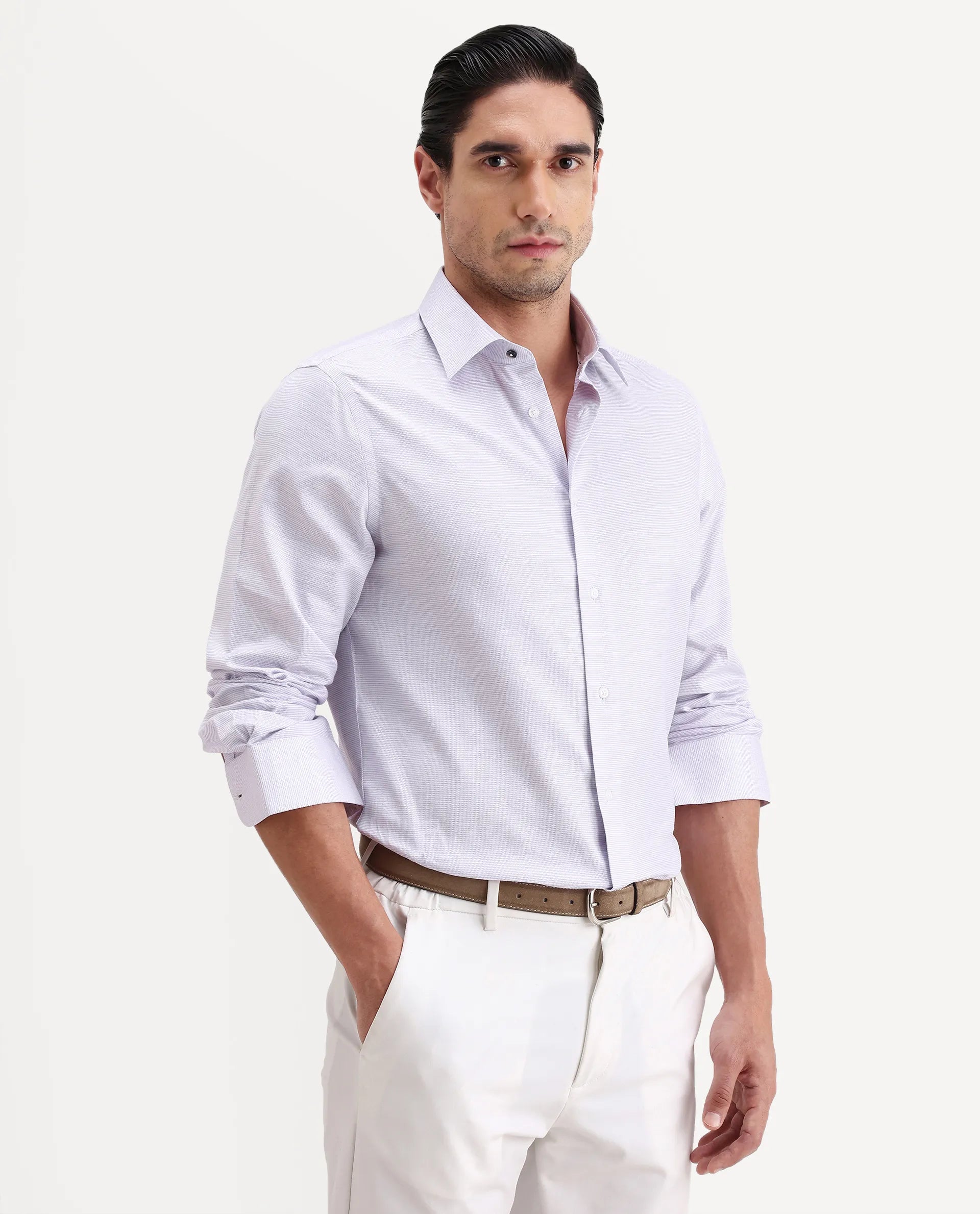 Rare Rabbit Men's Reef Light Purple Cotton Fabric Full Sleeve Spread Collar Button Regular Plain Shirt