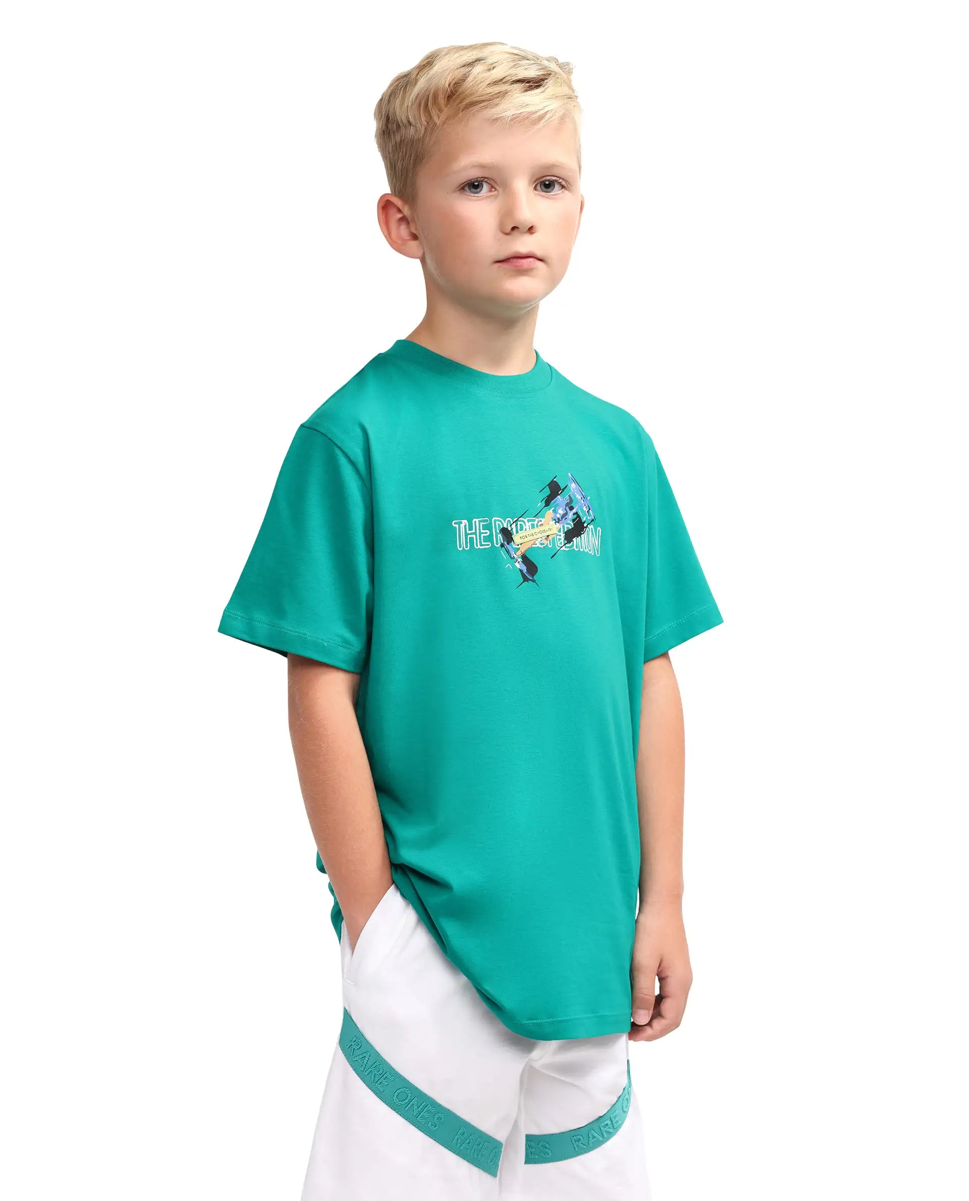 Rare Ones Kids Azur Green Cotton Blend Pull-On Closure Badge Applique Regular Fit T-Shirt