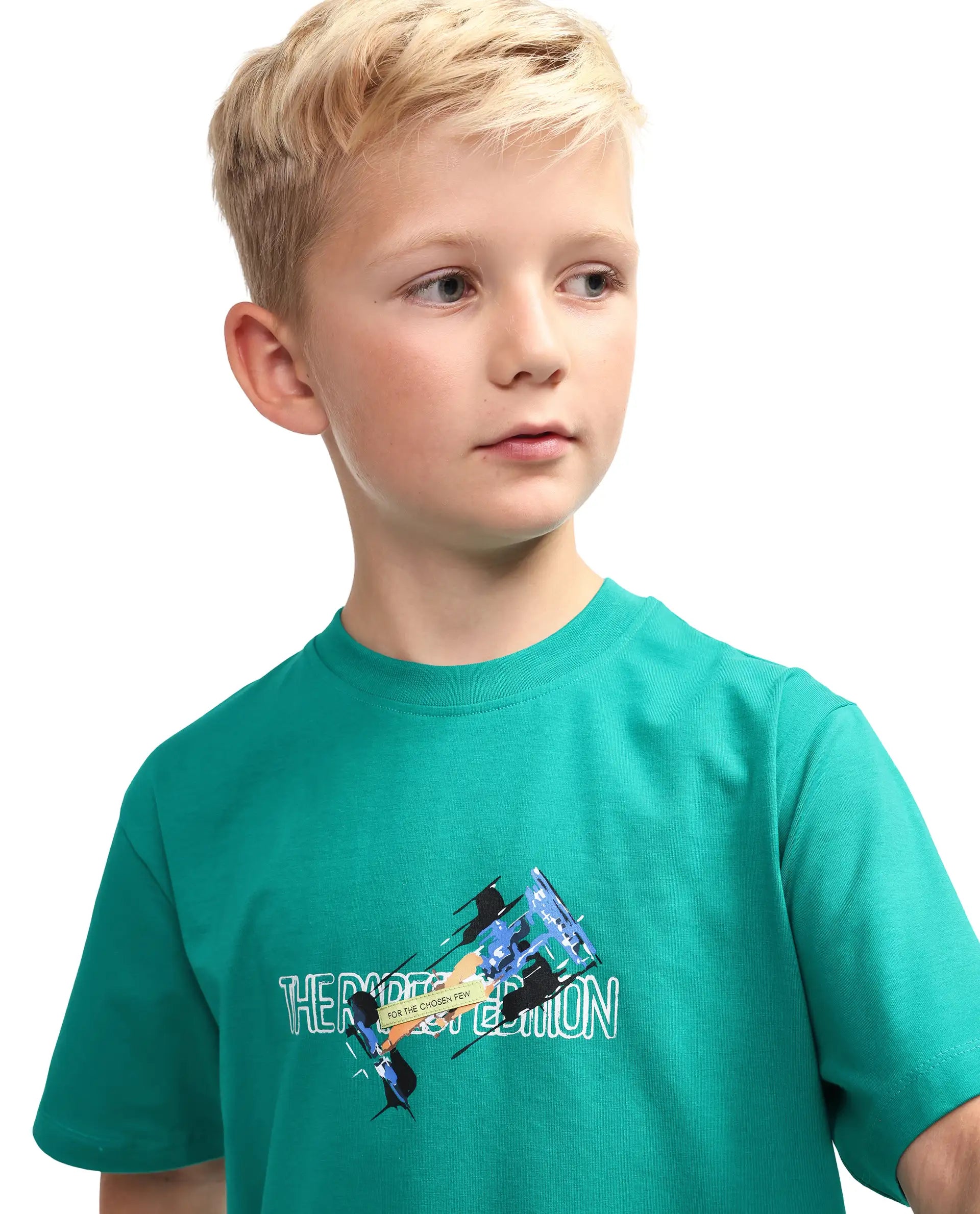 Rare Ones Kids Azur Green Cotton Blend Pull-On Closure Badge Applique Regular Fit T-Shirt