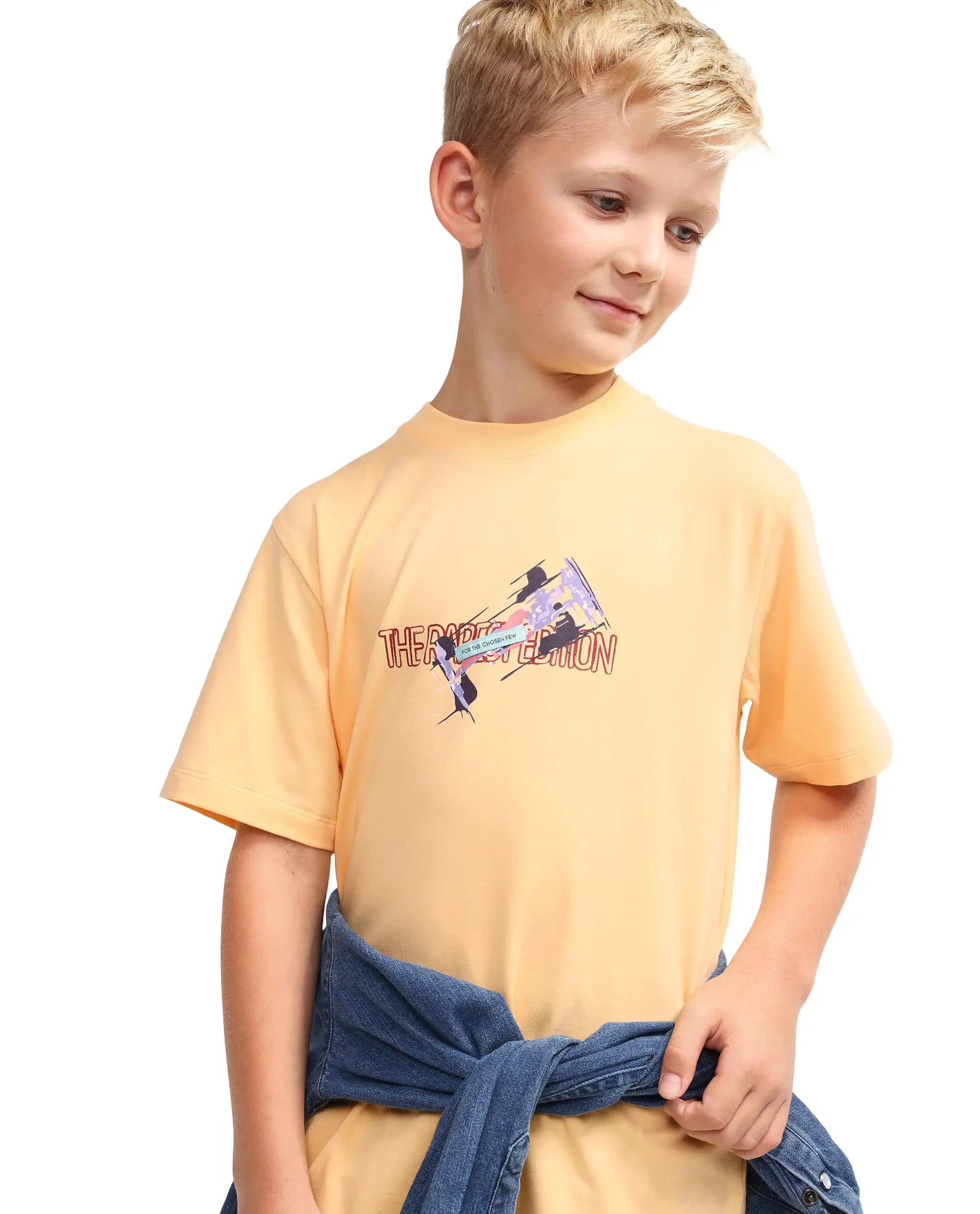 Rare Ones Kids Azur Yellow Cotton Blend Pull-On Closure Badge Applique Regular Fit T-Shirt