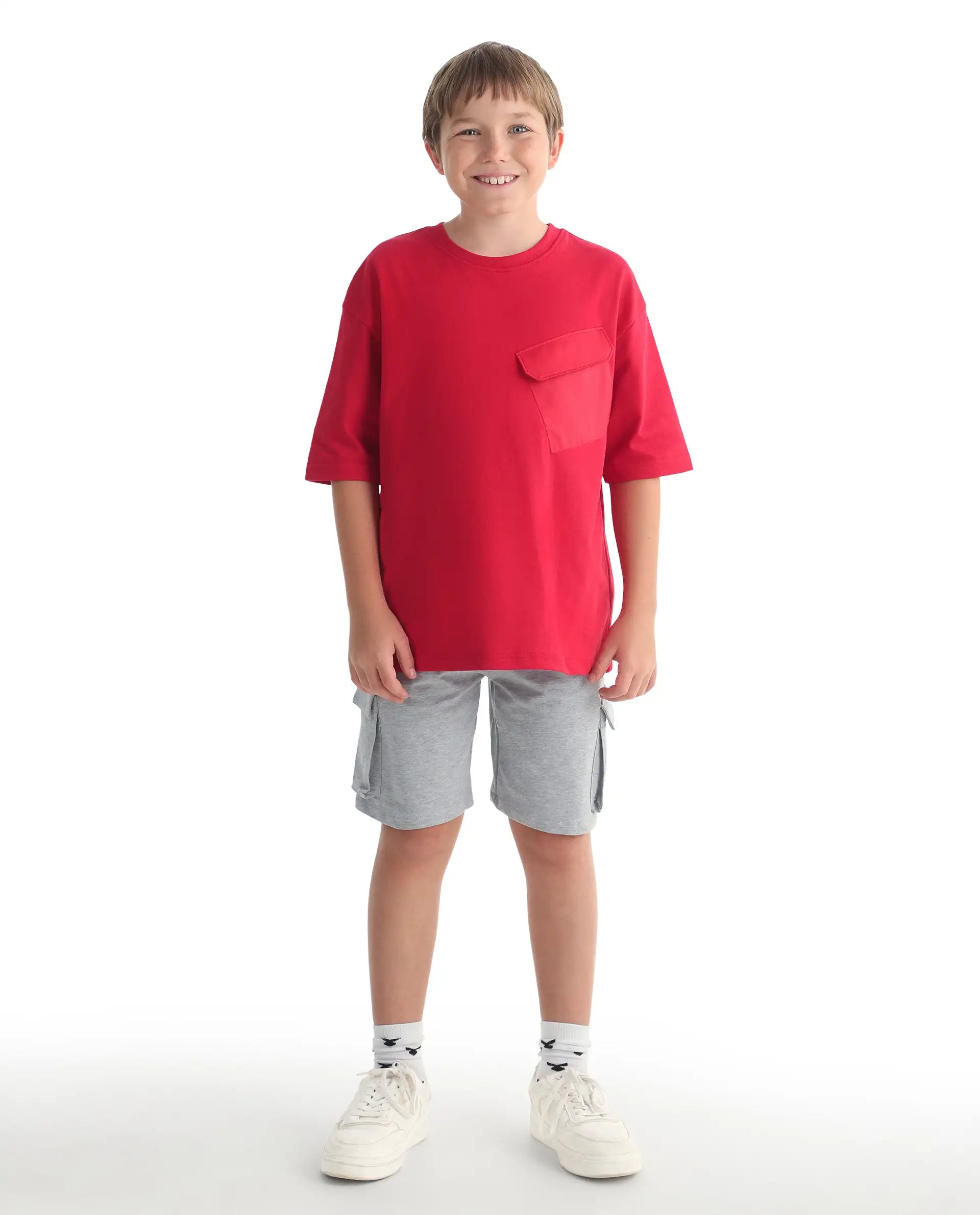 Rare Ones Kids Nadal-B Melange Grey Cotton Fabric Drawstring Closure Cargo Fit Shorts