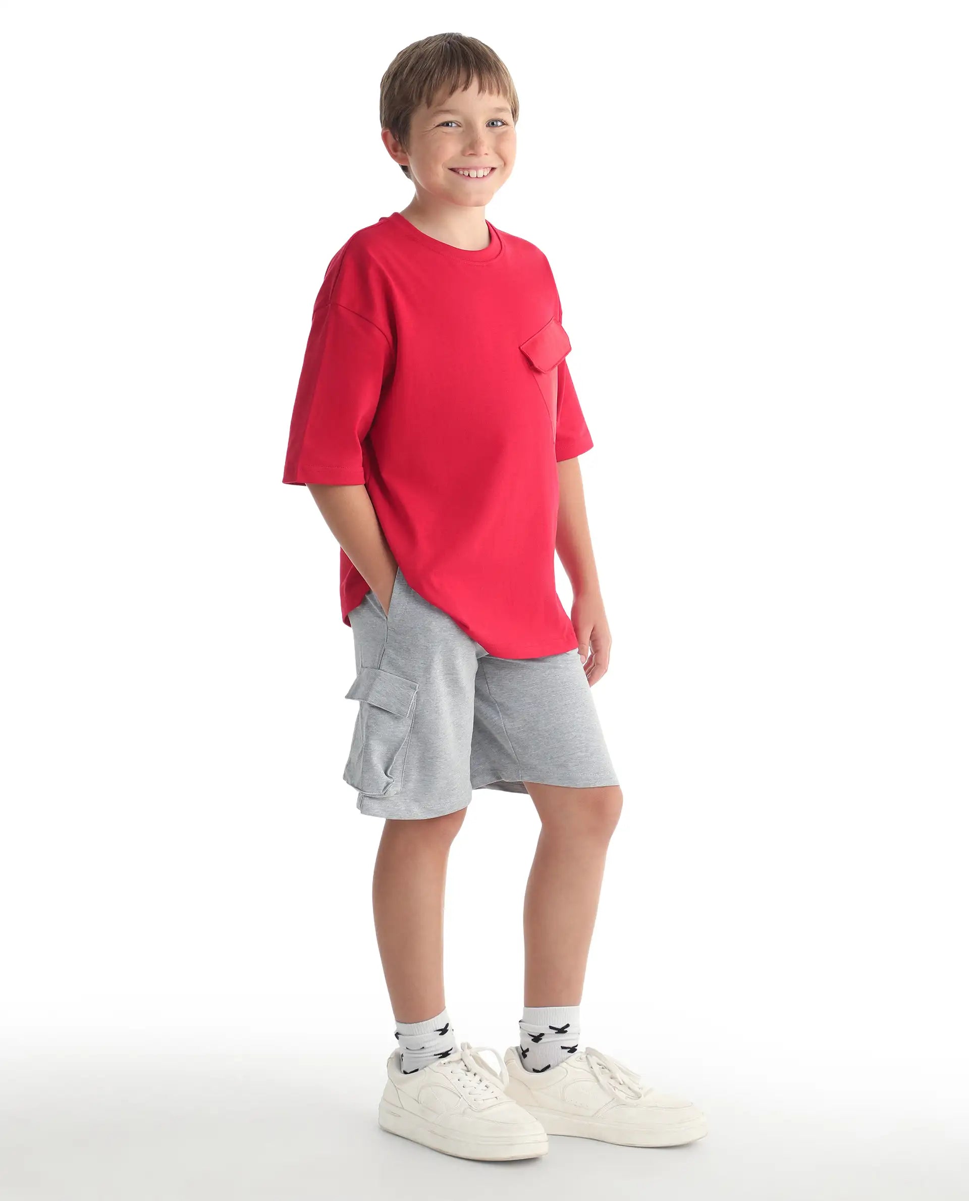 Rare Ones Kids Nadal-B Melange Grey Cotton Fabric Drawstring Closure Cargo Fit Shorts