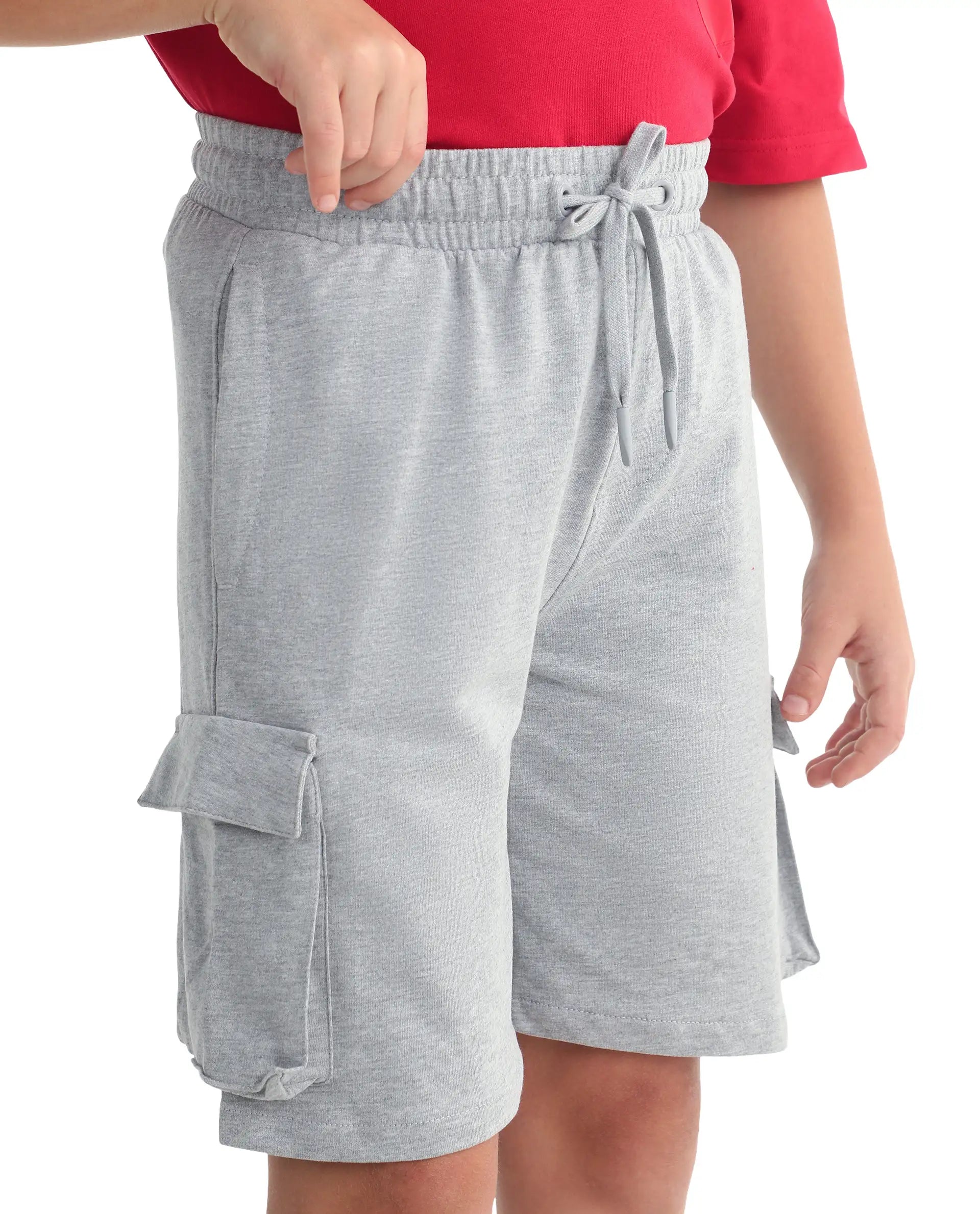 Rare Ones Kids Nadal-B Melange Grey Cotton Fabric Drawstring Closure Cargo Fit Shorts