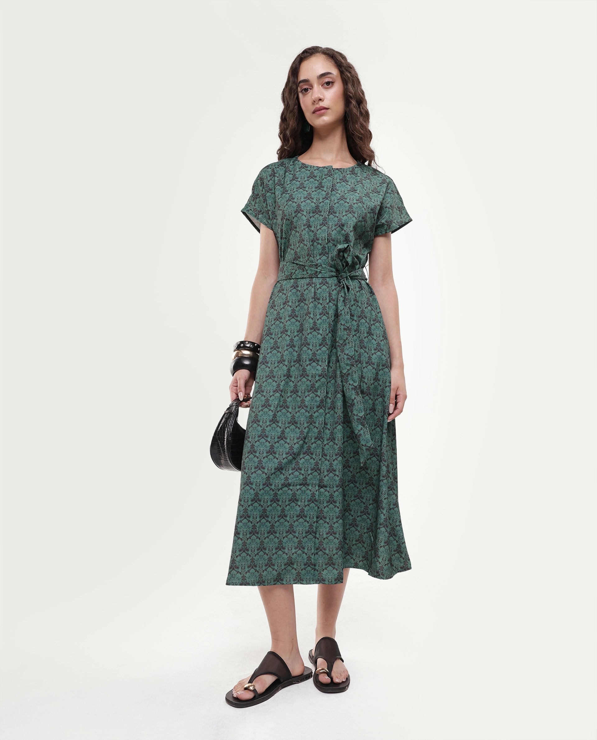 Rareism Women's Addani Dark Green Polyester Fabric Half Sleeve Crew Neck A-Line Floral Print Dress