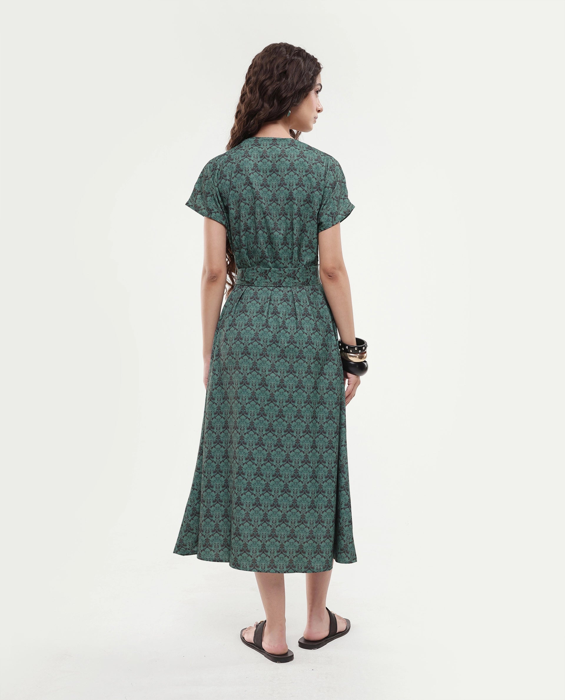 Rareism Women's Addani Dark Green Polyester Fabric Half Sleeve Crew Neck A-Line Floral Print Dress
