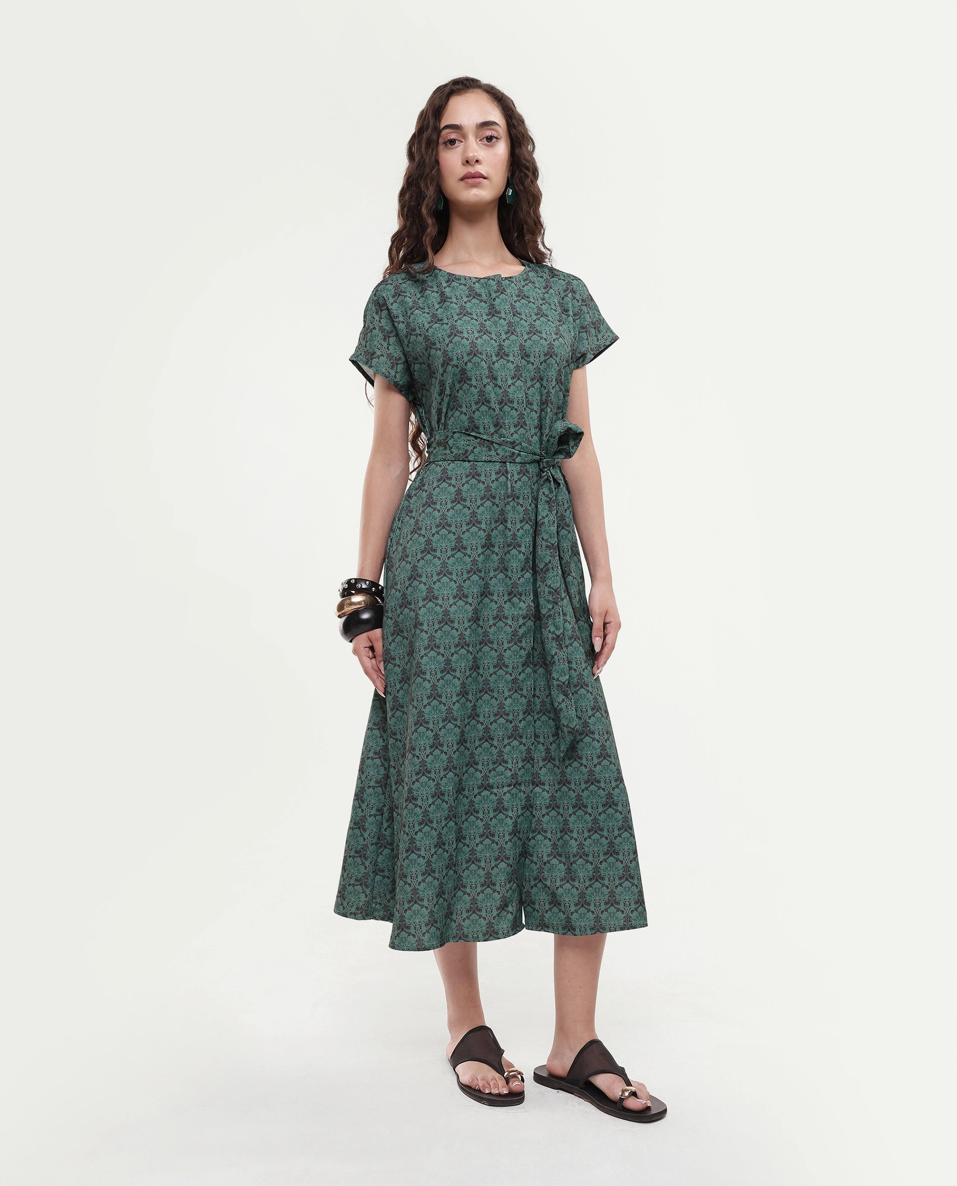 Rareism Women's Addani Dark Green Polyester Fabric Half Sleeve Crew Neck A-Line Floral Print Dress