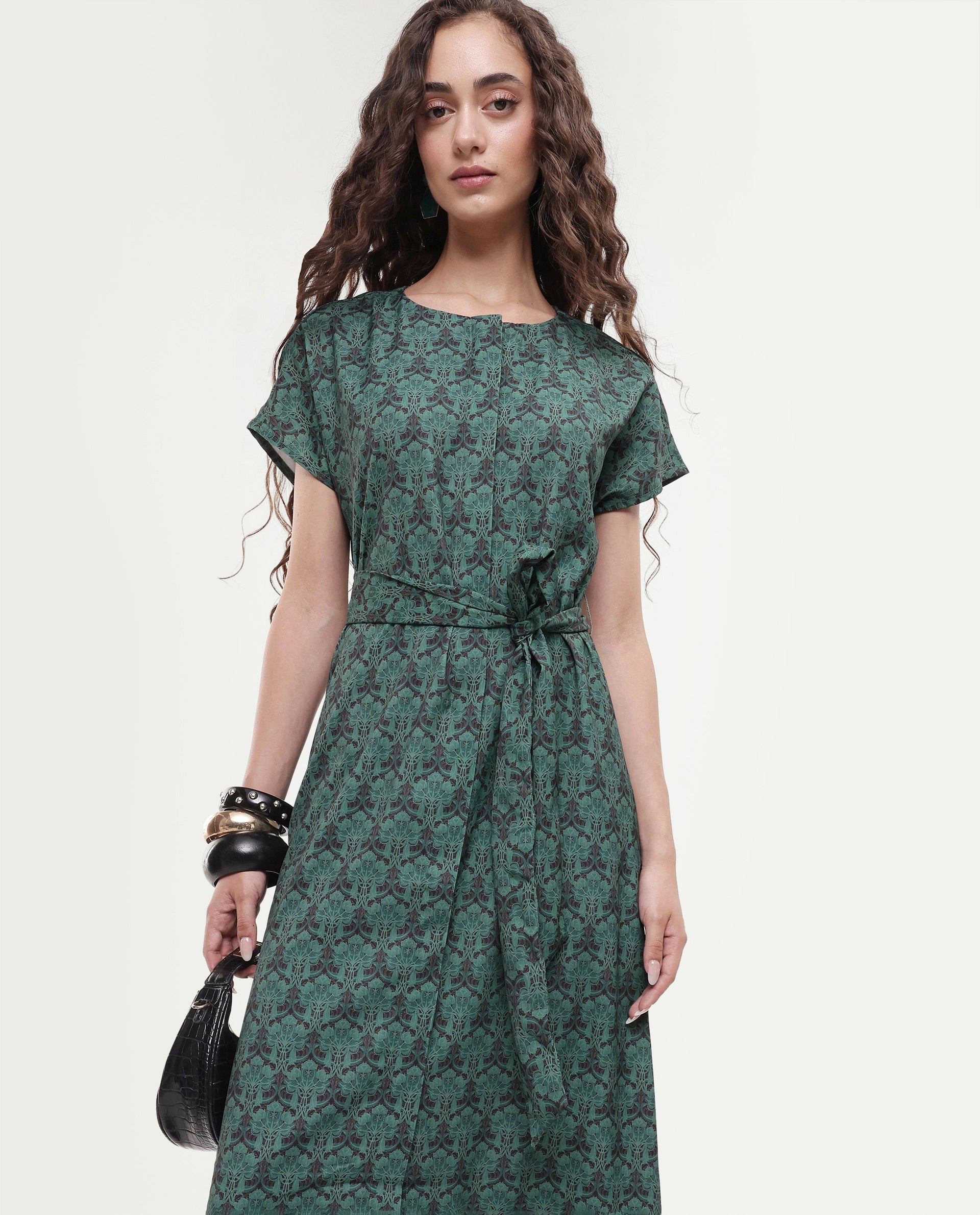 Rareism Women's Addani Dark Green Polyester Fabric Half Sleeve Crew Neck A-Line Floral Print Dress