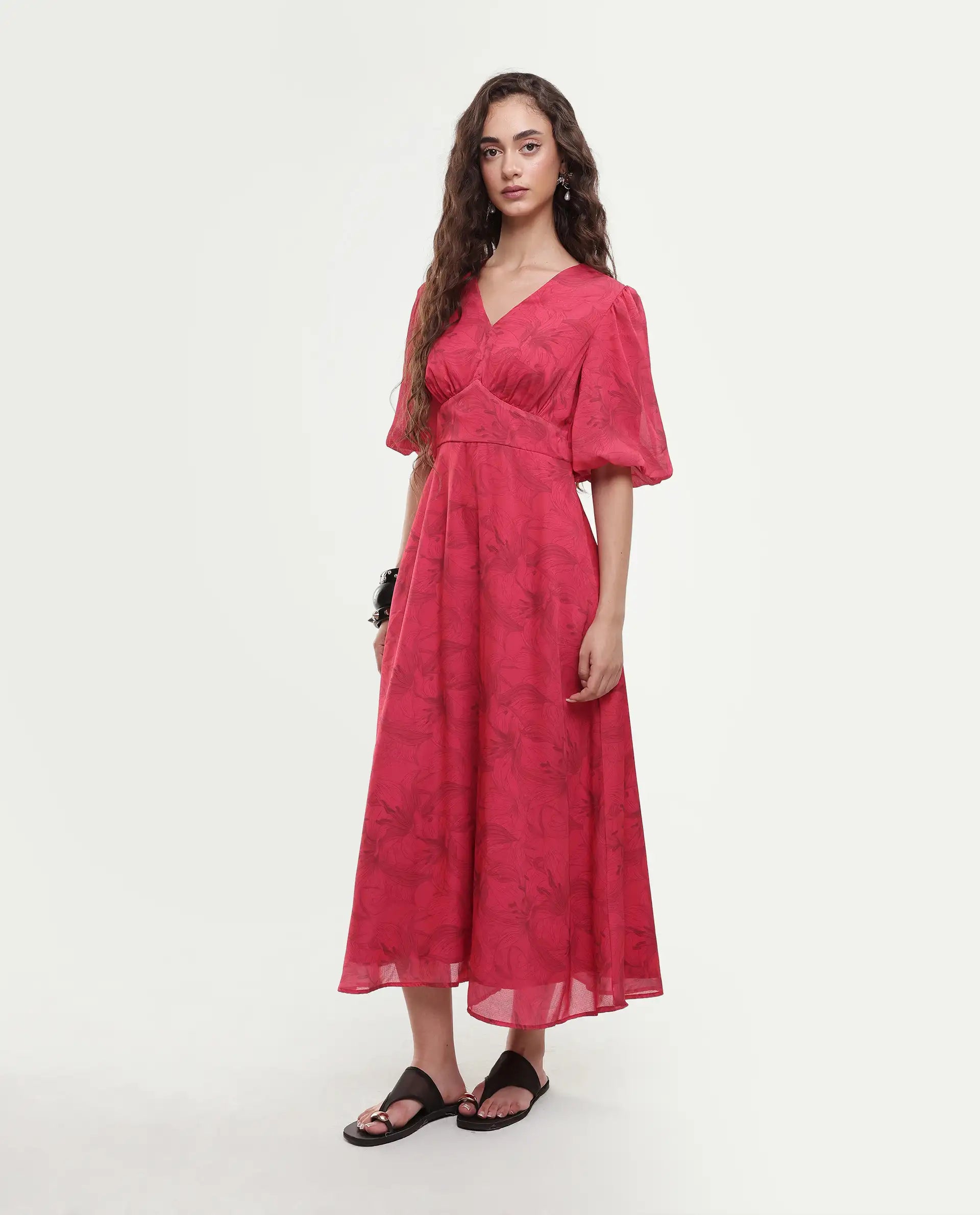 Rareism Women's Addkin Red Polyester Half Sleeve V-Neck A-Line Floral Print Dress