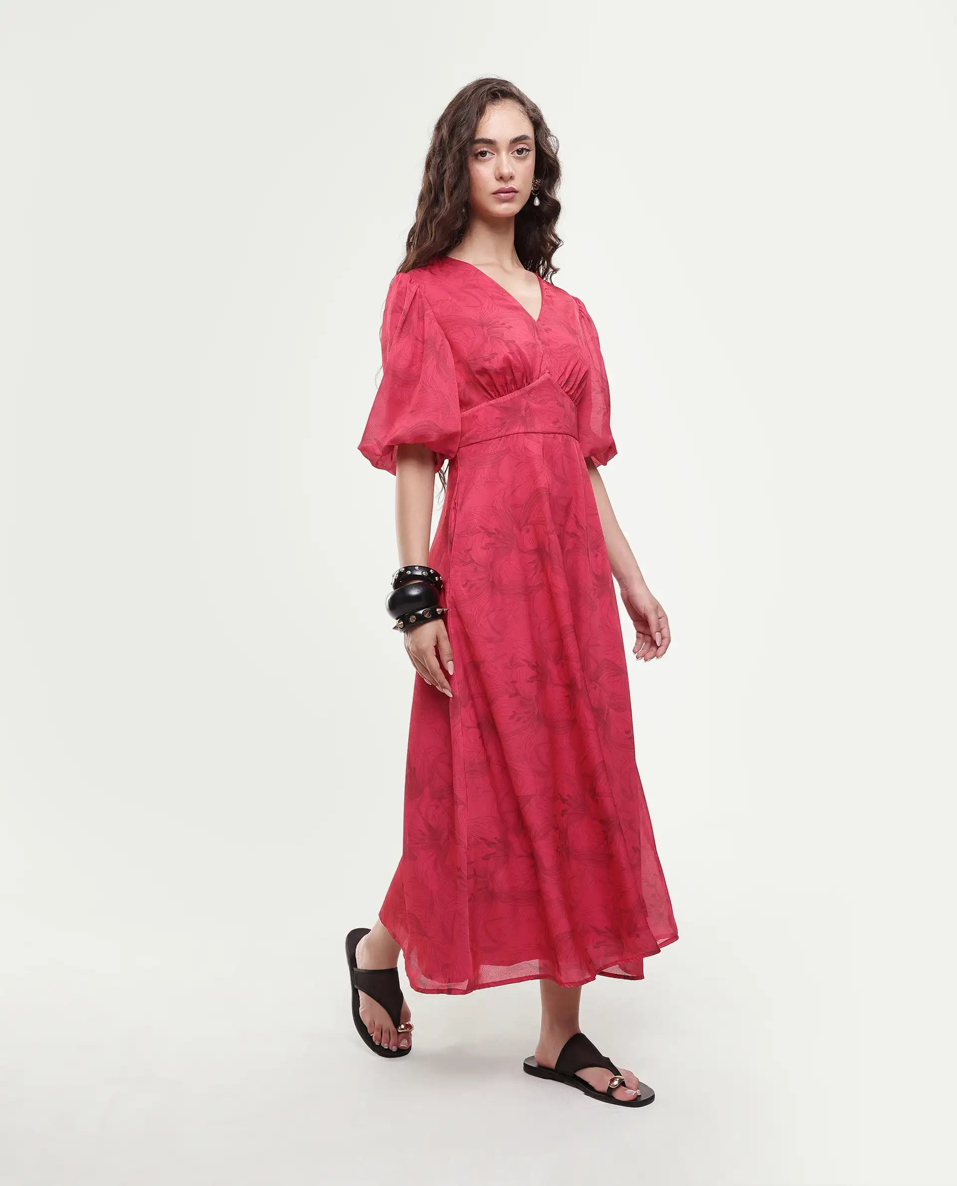 Rareism Women's Addkin Red Polyester Half Sleeve V-Neck A-Line Floral Print Dress