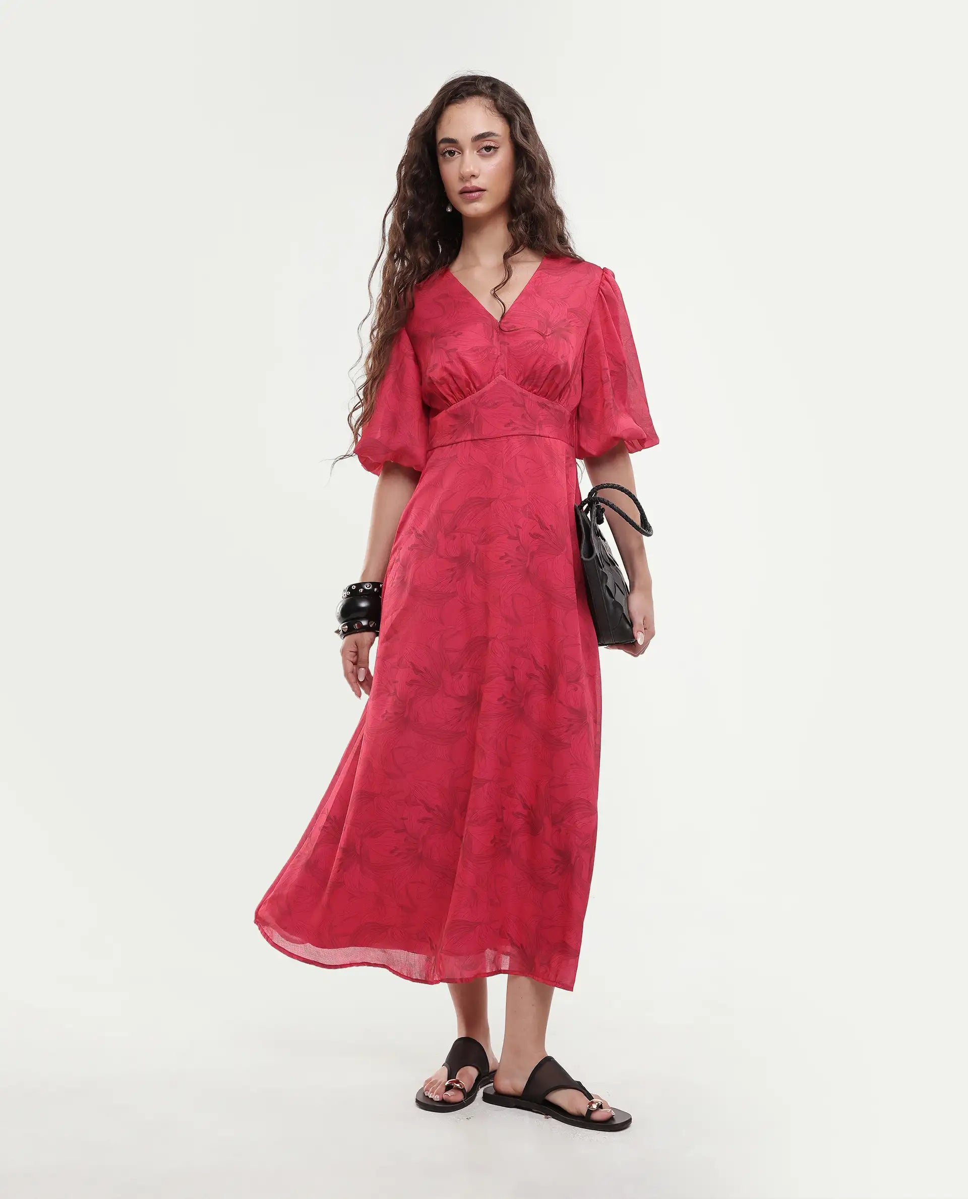 Rareism Women's Addkin Red Polyester Half Sleeve V-Neck A-Line Floral Print Dress
