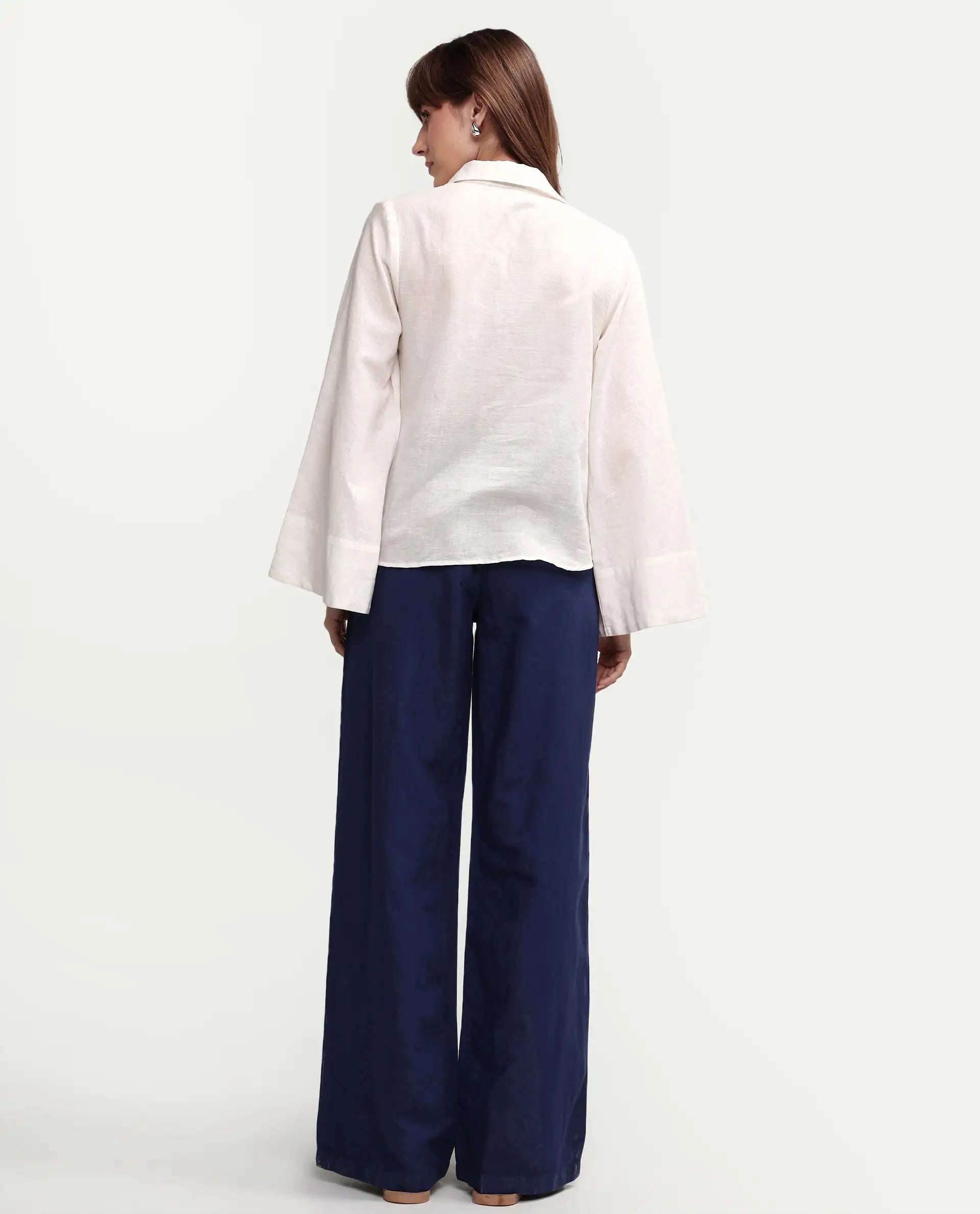 Rareism Women's Uniq Navy Linen Blend Fabric Straight Plain Trouser