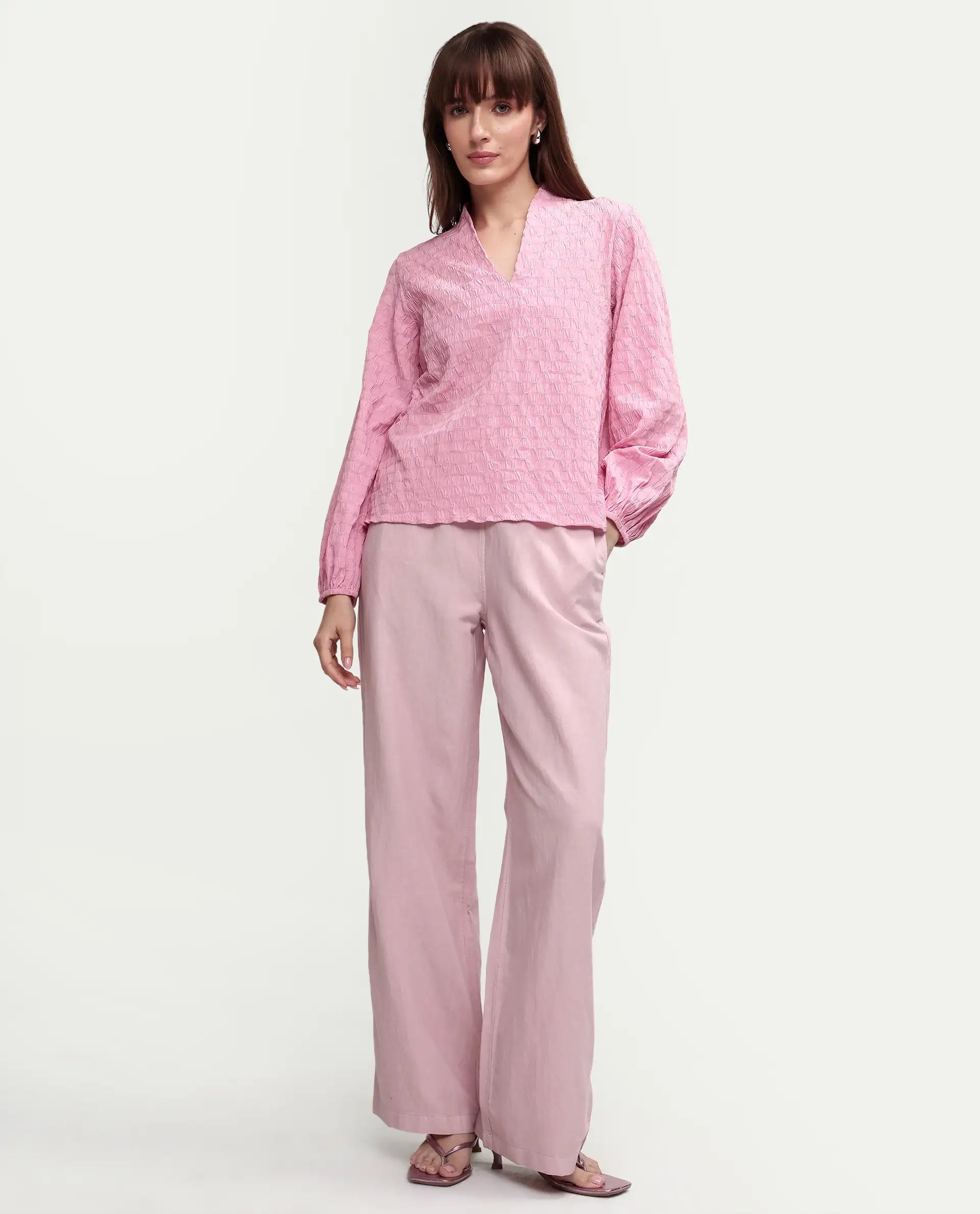 Rareism Women's Uniq Dusky Pink Linen Blend Fabric Straight Plain Trouser