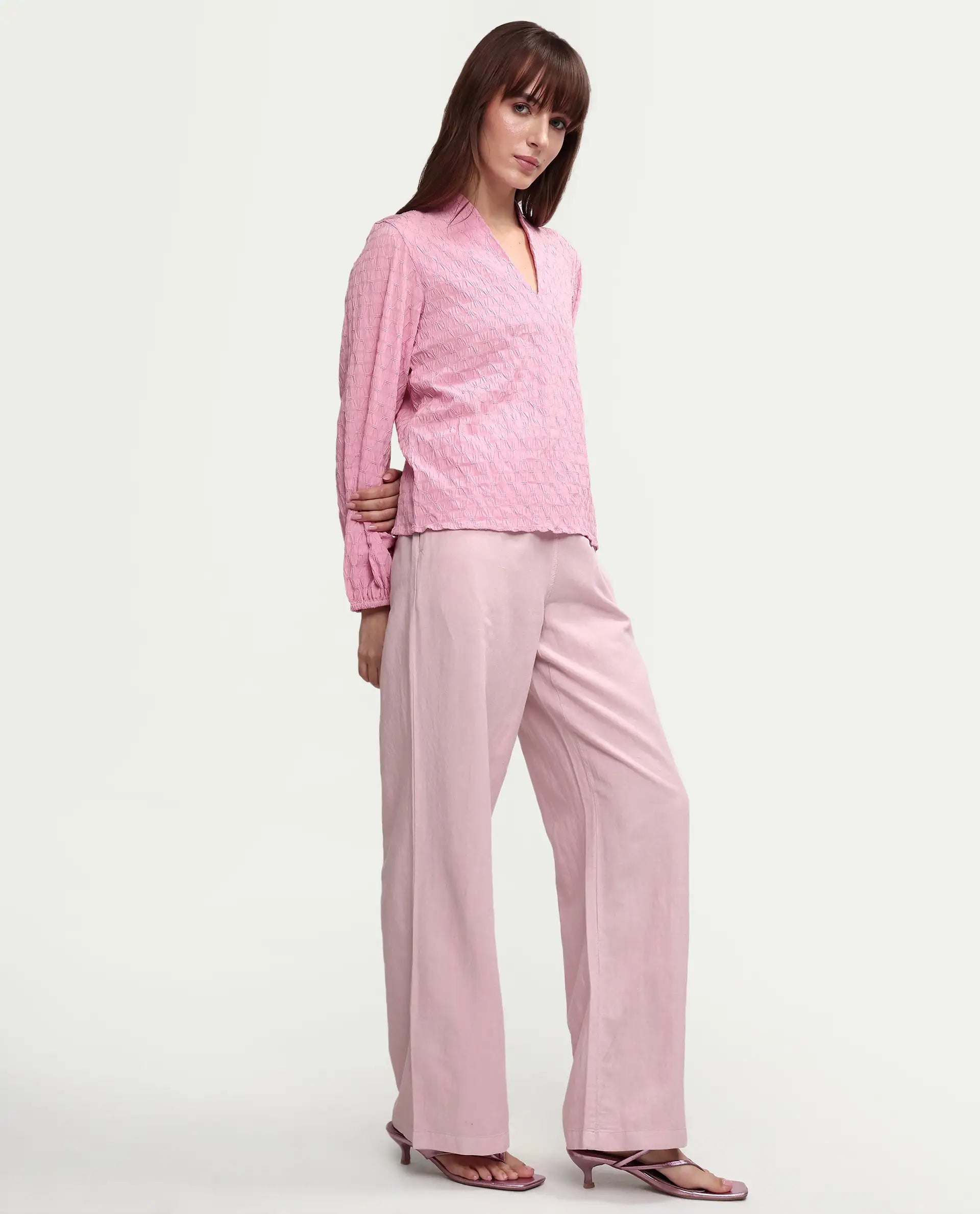 Rareism Women's Uniq Dusky Pink Linen Blend Fabric Straight Plain Trouser