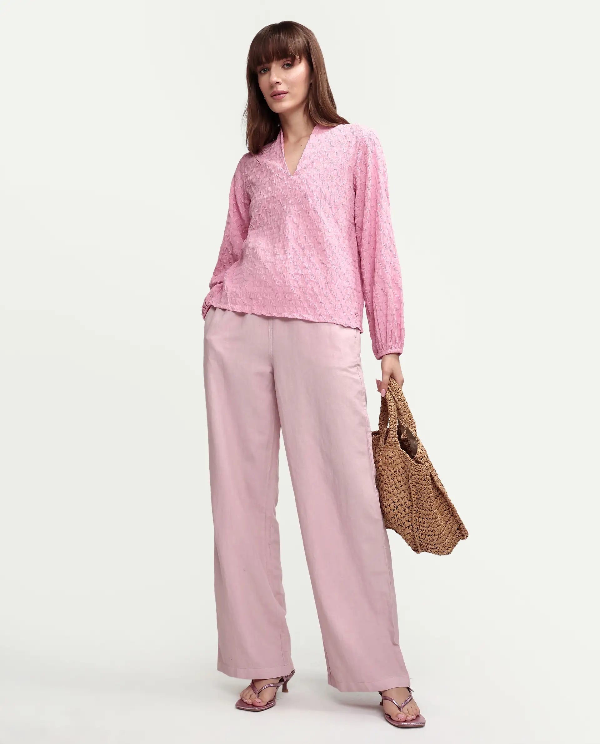 Rareism Women's Uniq Dusky Pink Linen Blend Fabric Straight Plain Trouser