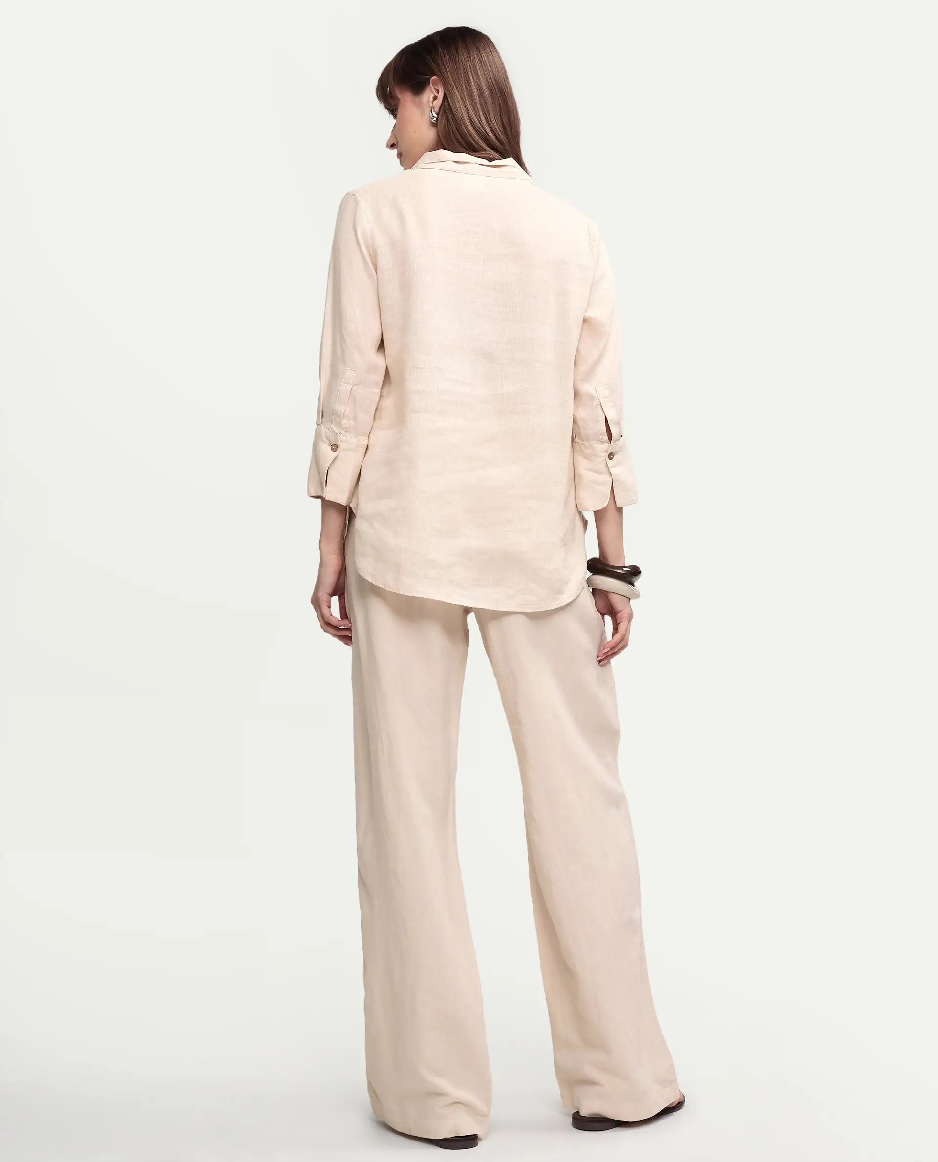 Rareism Women's Uniq Beige Linen Blend Fabric Straight Plain Trouser