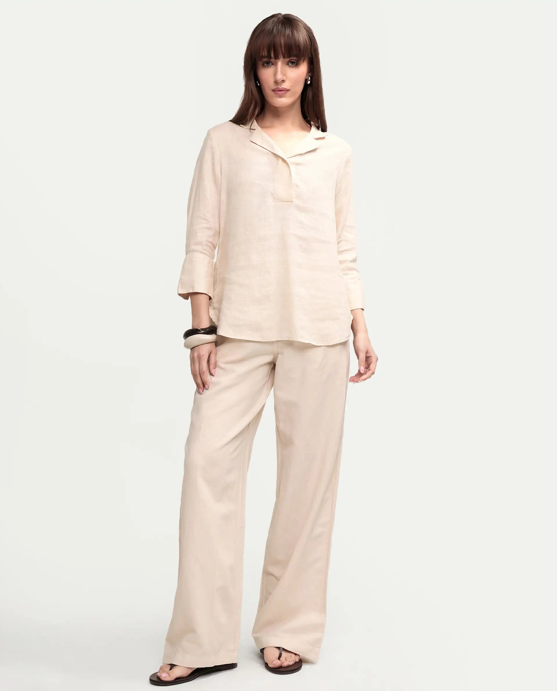 Rareism Women's Uniq Beige Linen Blend Fabric Straight Plain Trouser