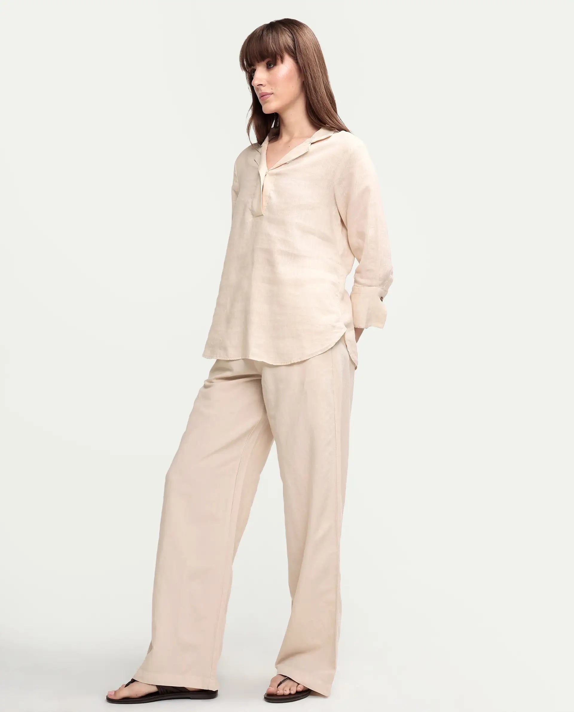 Rareism Women's Uniq Beige Linen Blend Fabric Straight Plain Trouser