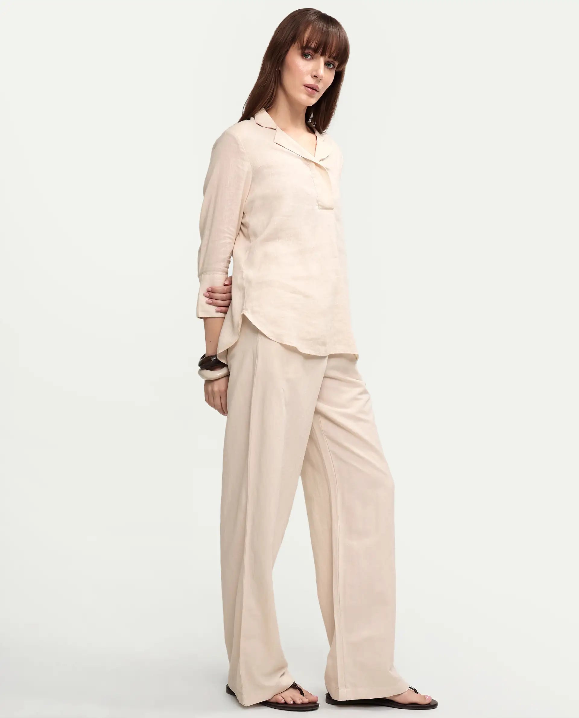 Rareism Women's Uniq Beige Linen Blend Fabric Straight Plain Trouser