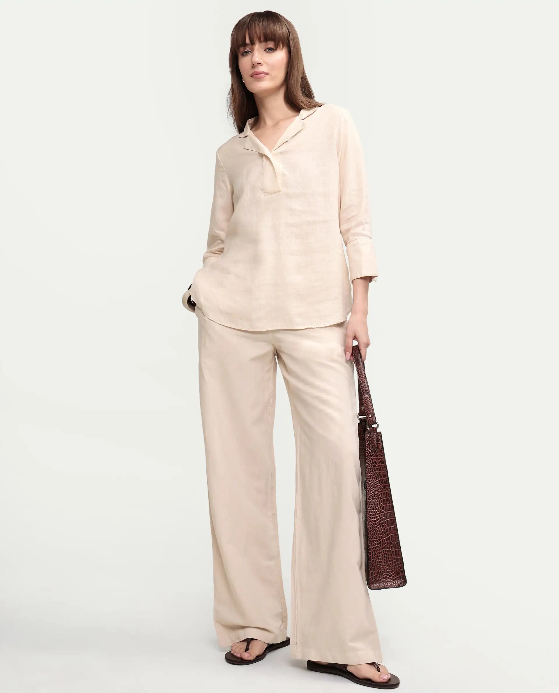 Rareism Women's Uniq Beige Linen Blend Fabric Straight Plain Trouser
