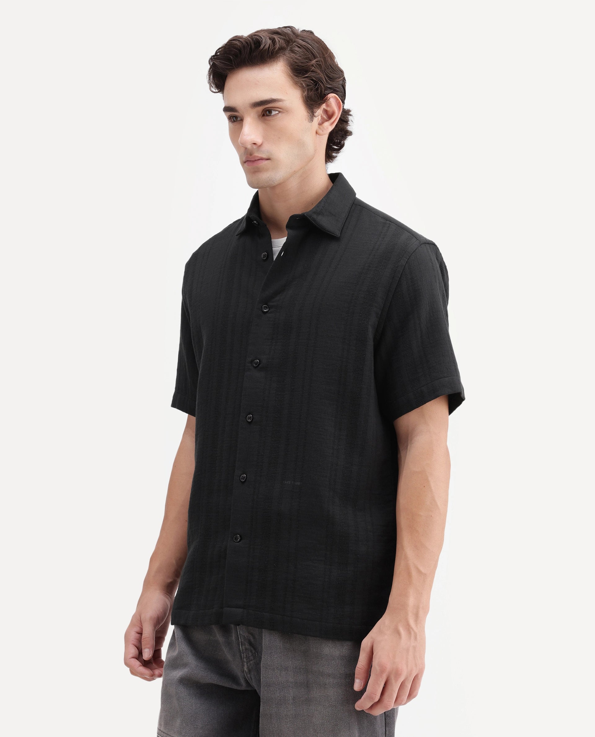 Rare Rabbit Men's Fivo Black Cotton Fabric Half Sleeve Collared Regular Fit Striped Shirt
