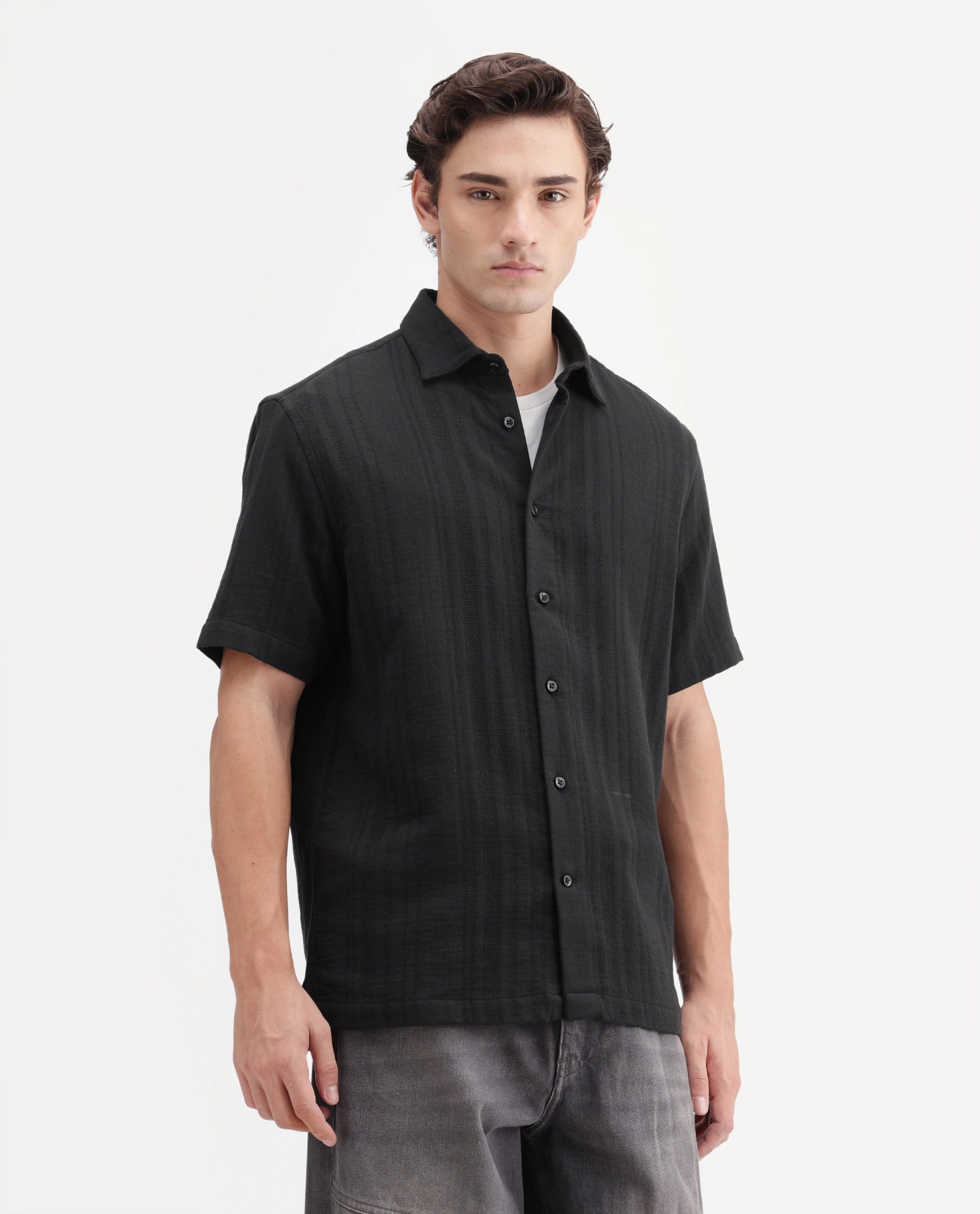 Rare Rabbit Men's Fivo Black Cotton Fabric Half Sleeve Collared Regular Fit Striped Shirt