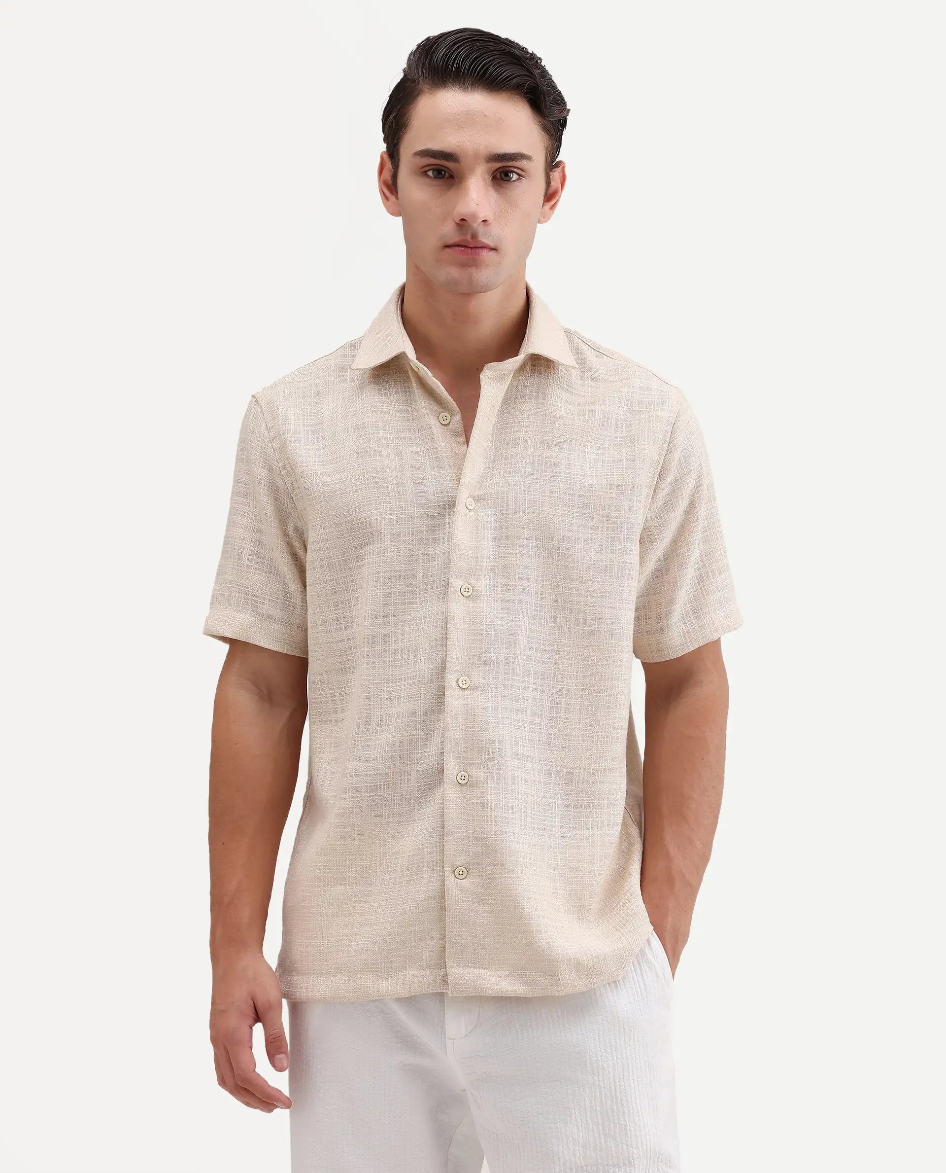 Rare Rabbit Men's Tilo Light Beige Polyester Fabric Half Sleeve Spread Collar Regular Fit Textured Shirt