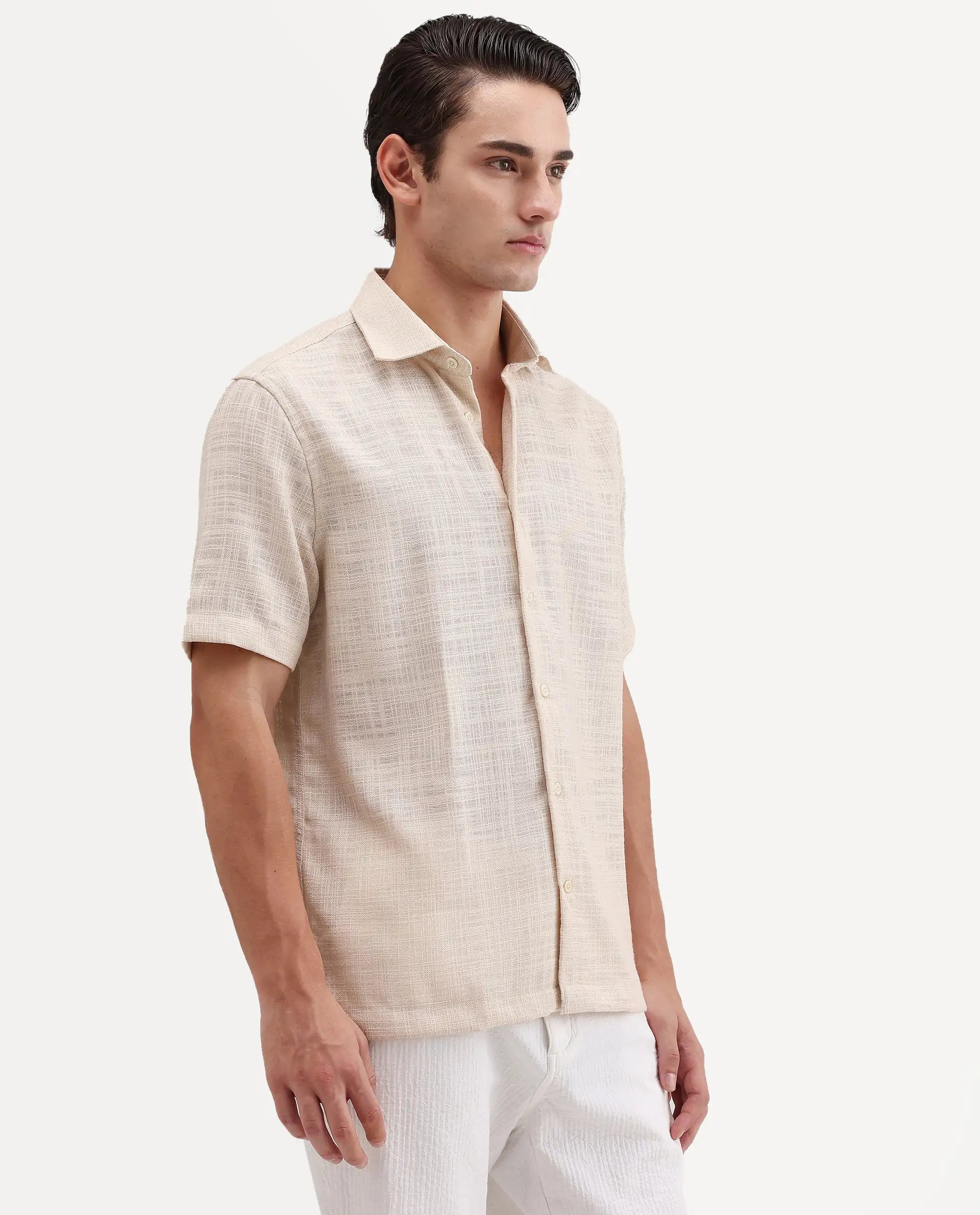 Rare Rabbit Men's Tilo Light Beige Polyester Fabric Half Sleeve Spread Collar Regular Fit Textured Shirt