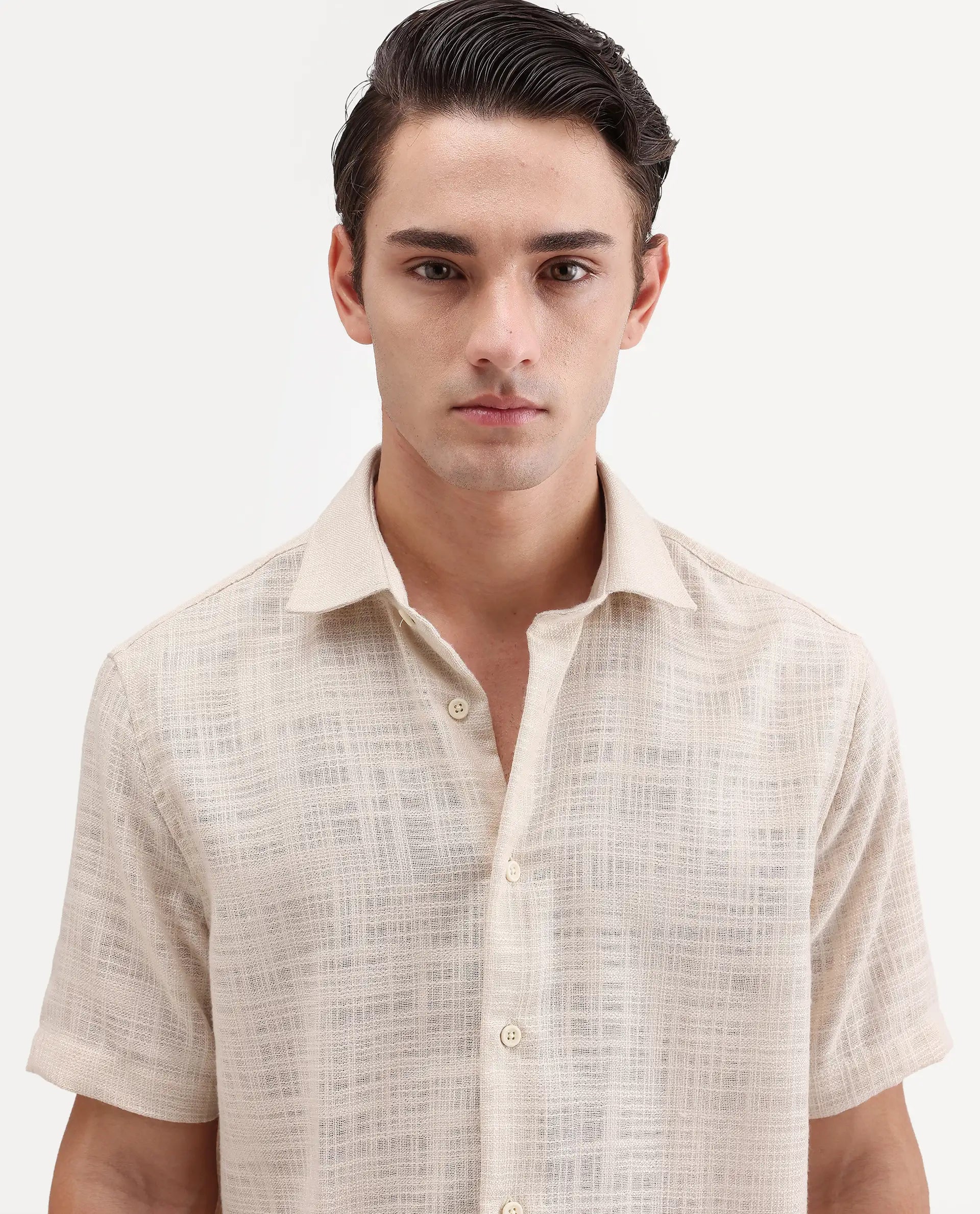 Rare Rabbit Men's Tilo Light Beige Polyester Fabric Half Sleeve Spread Collar Regular Fit Textured Shirt