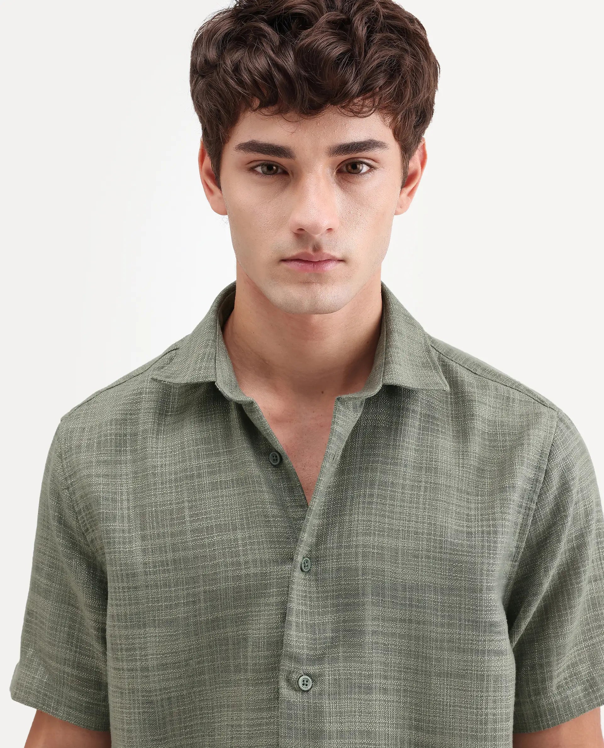 Rare Rabbit Men's Tilo Olive Polyester Fabric Half Sleeve Spread Collar Regular Fit Textured Shirt