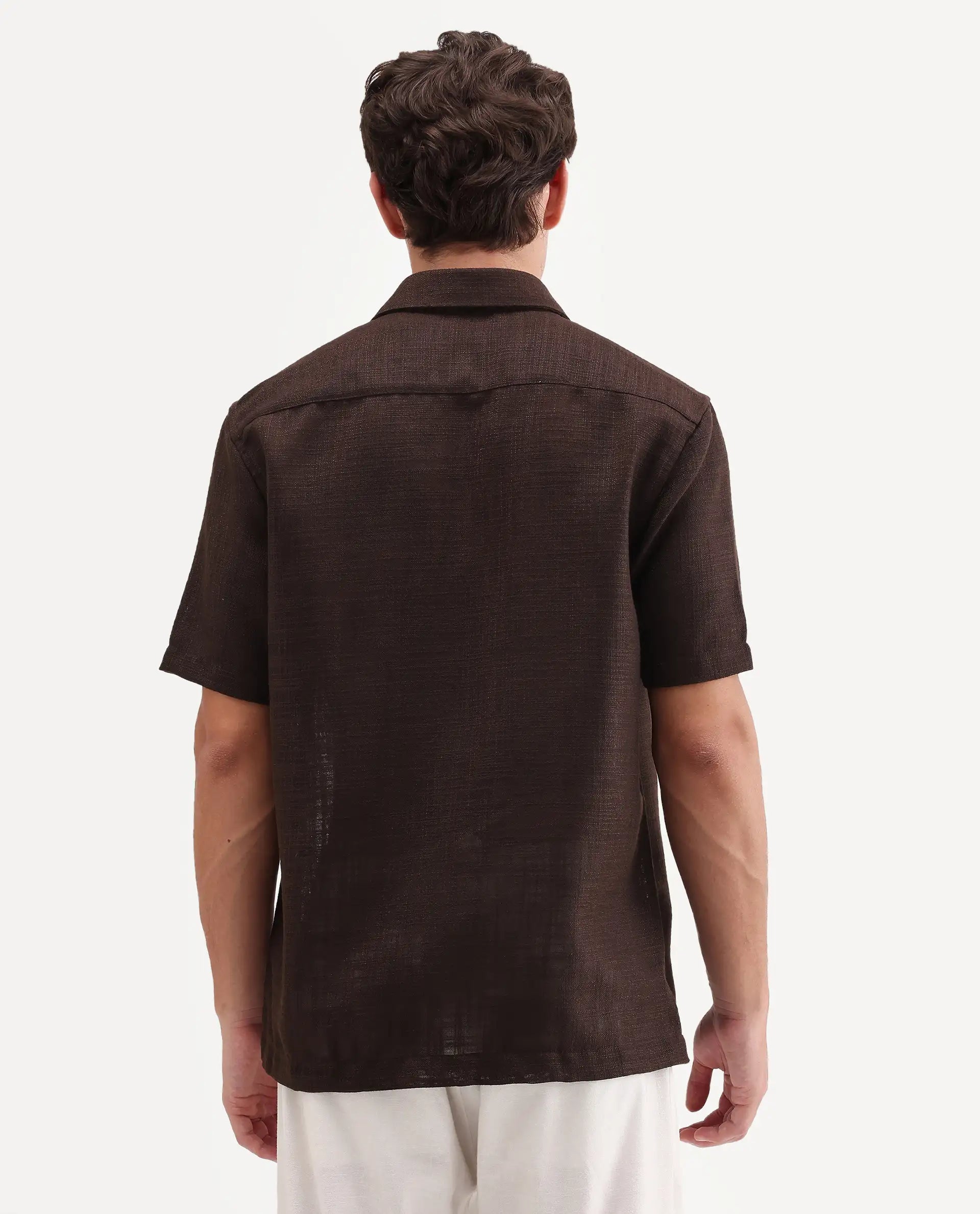 Rare Rabbit Men's Tilo Dark Brown Polyester Fabric Half Sleeve Spread Collar Regular Fit Textured Shirt