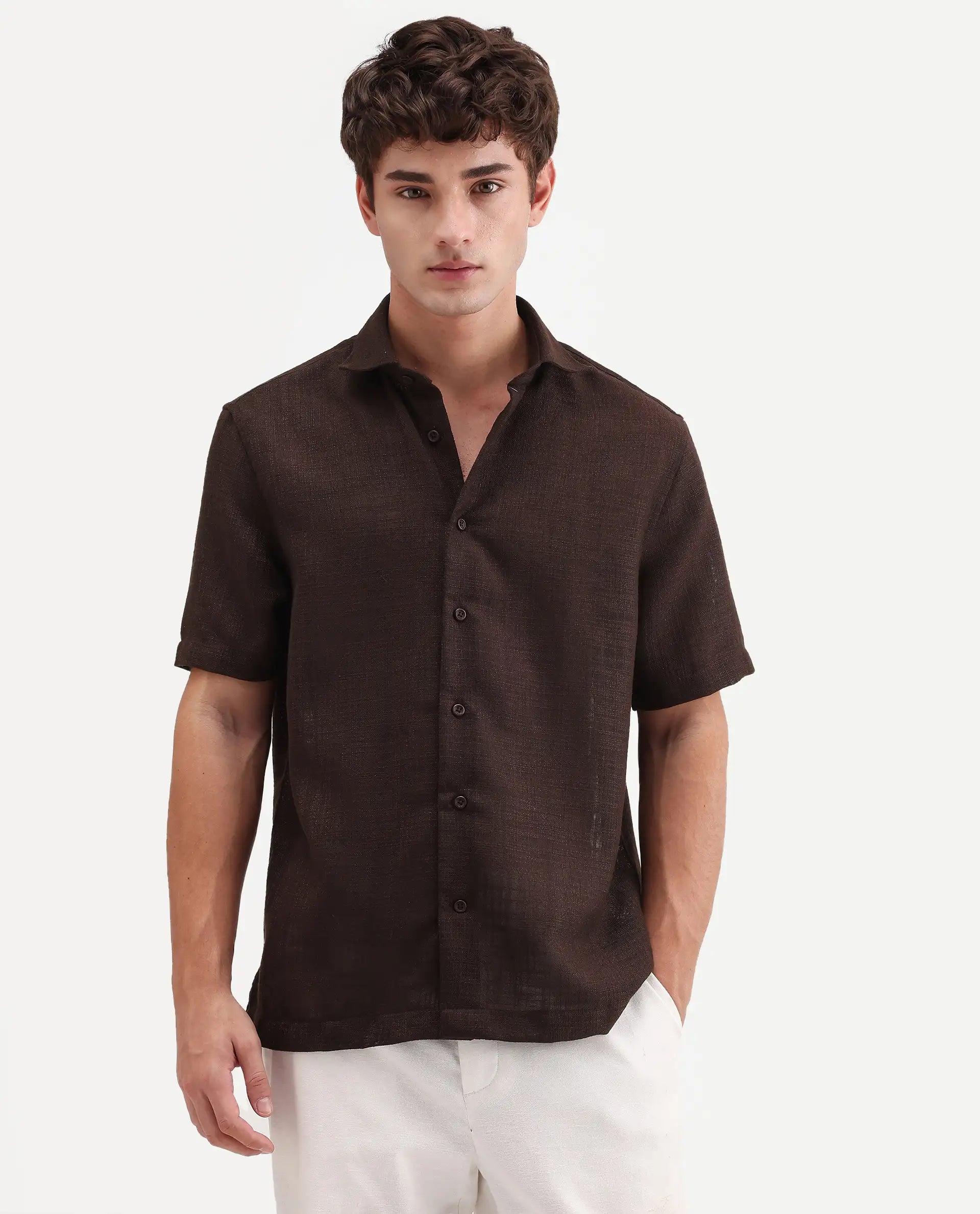 Rare Rabbit Men's Tilo Dark Brown Polyester Fabric Half Sleeve Spread Collar Regular Fit Textured Shirt