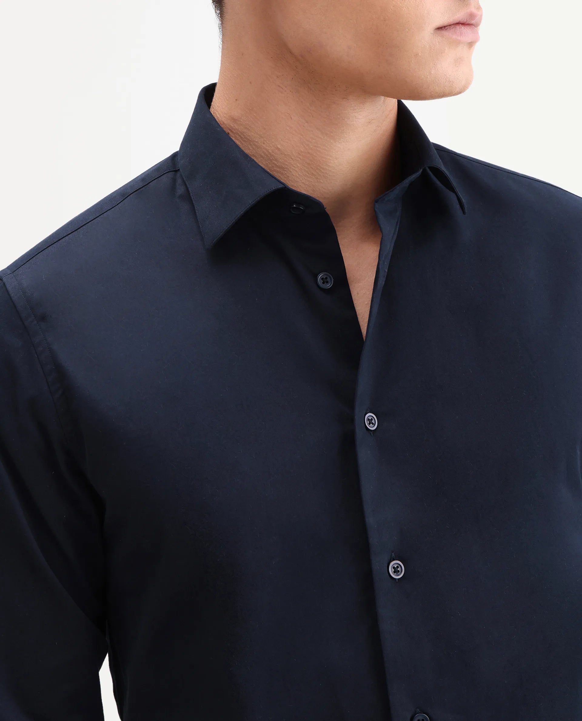 Rare Rabbit Men's Edro Navy Cotton Fabric Full Sleeve Collared Regular Fit Plain Shirt