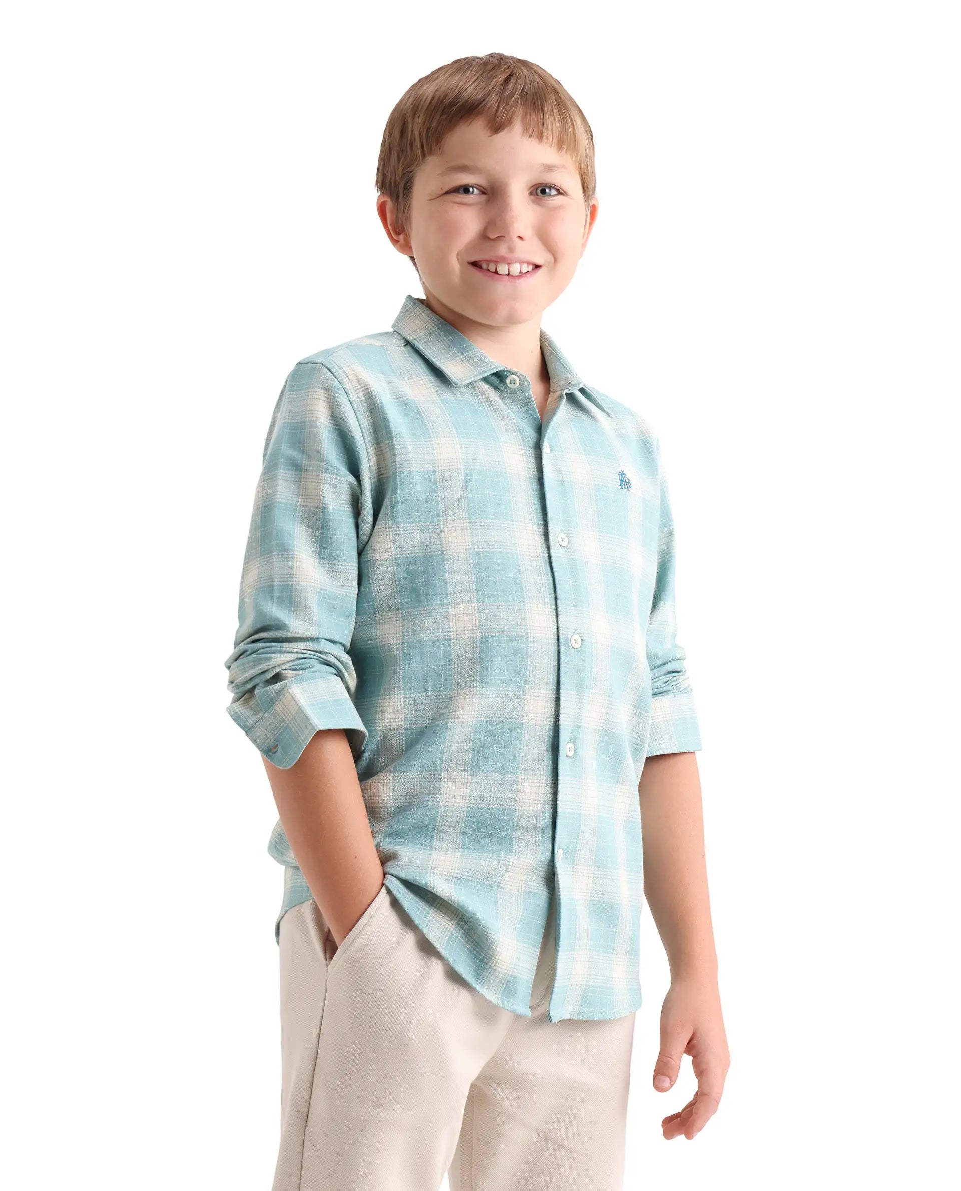 Rare Ones Kids Laken Light Green Cotton Fabric Button Closure Regular Fit Shirt