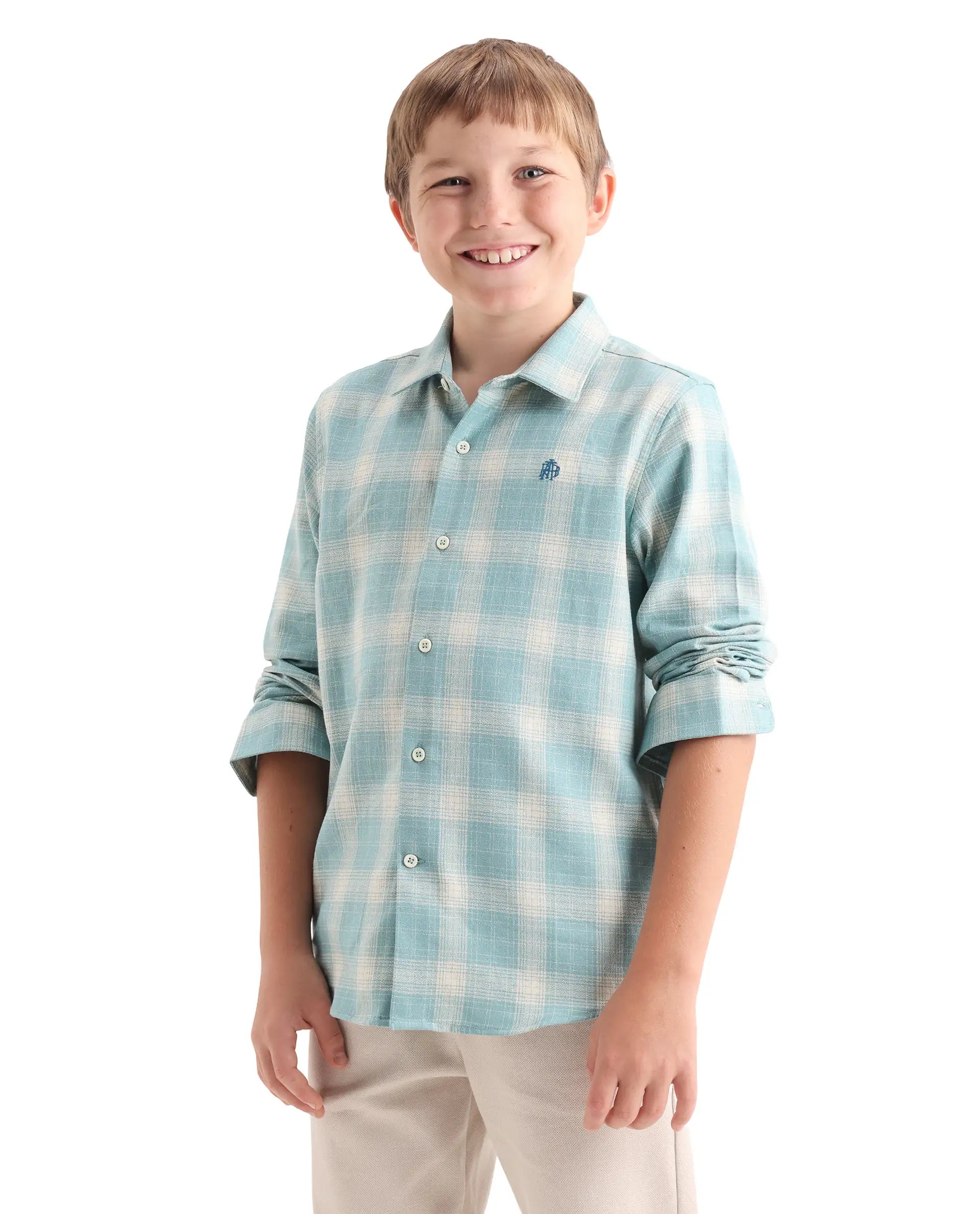 Rare Ones Kids Laken Light Green Cotton Fabric Button Closure Regular Fit Shirt